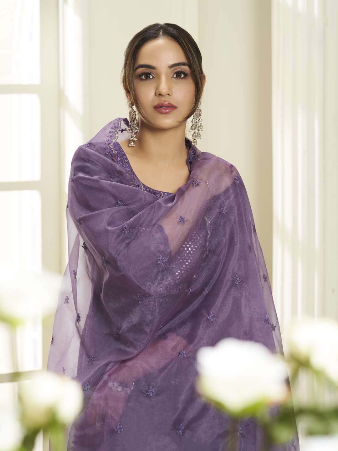 Floral Yoke Design Round Neck Sequinned Anarkali Kurta With Palazzos & Dupatta