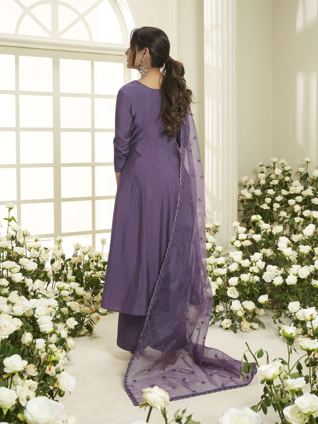 Floral Yoke Design Round Neck Sequinned Anarkali Kurta With Palazzos & Dupatta