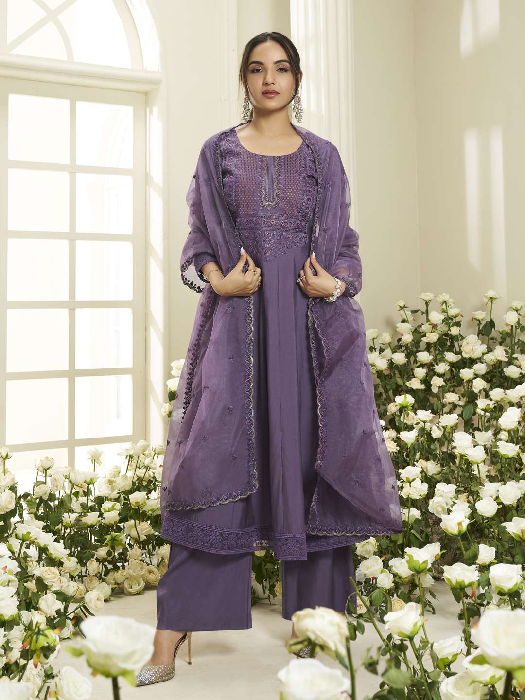 Floral Yoke Design Round Neck Sequinned Anarkali Kurta With Palazzos & Dupatta