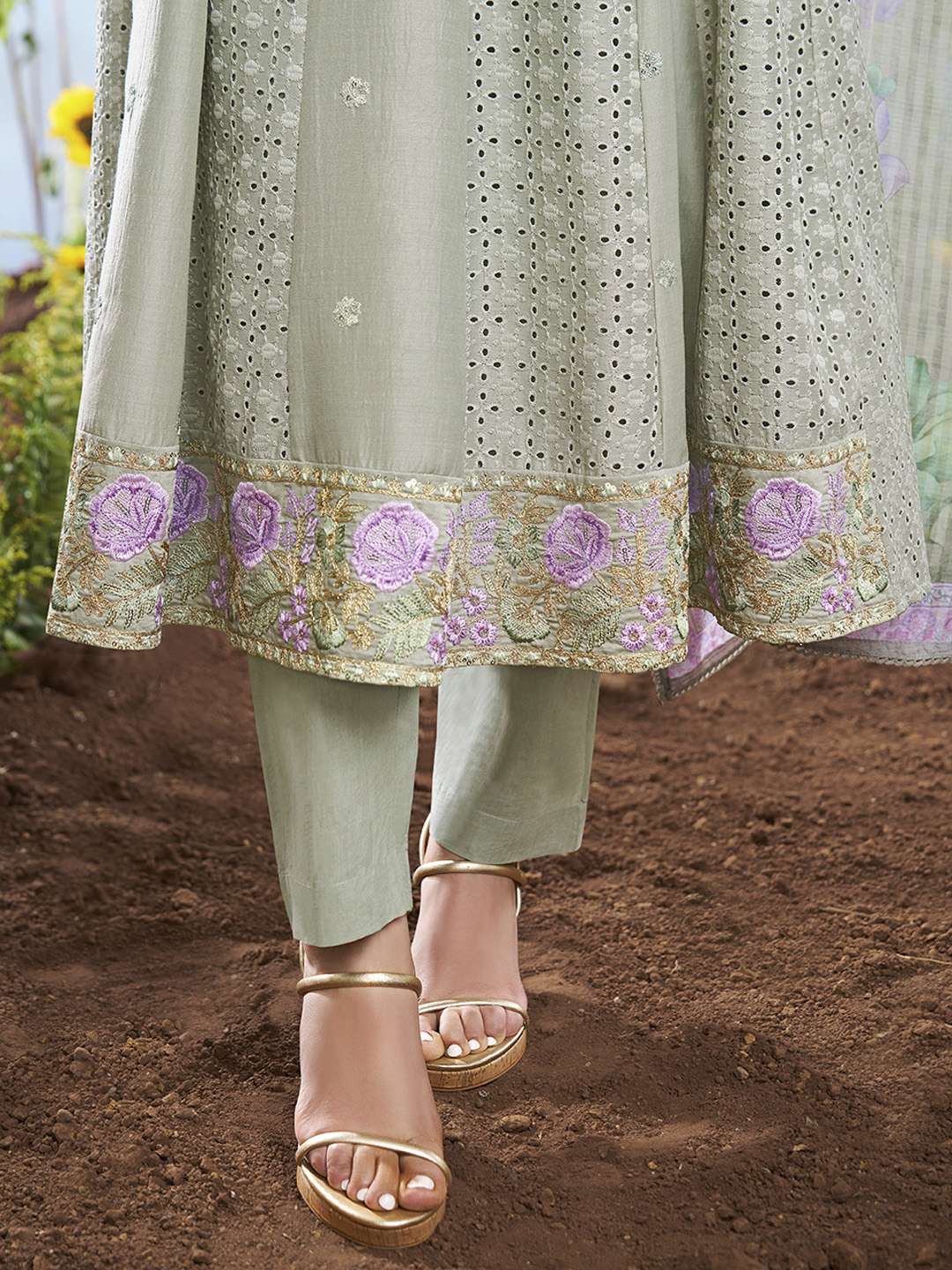 Floral Embroidered Round Neck Chikankari Anarkali Kurta & Trousers With Dupatta