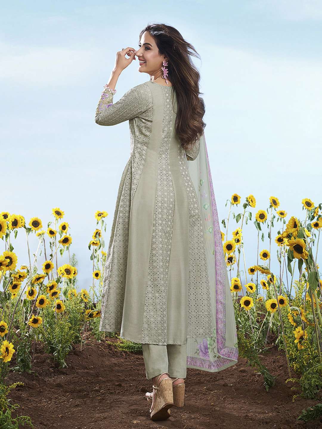 Floral Embroidered Round Neck Chikankari Anarkali Kurta & Trousers With Dupatta