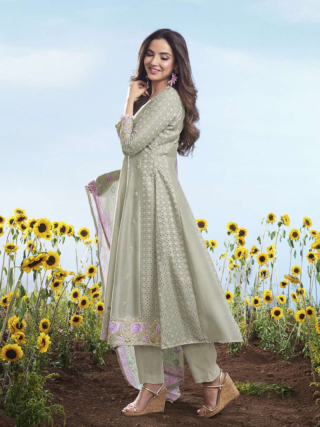 Floral Embroidered Round Neck Chikankari Anarkali Kurta & Trousers With Dupatta
