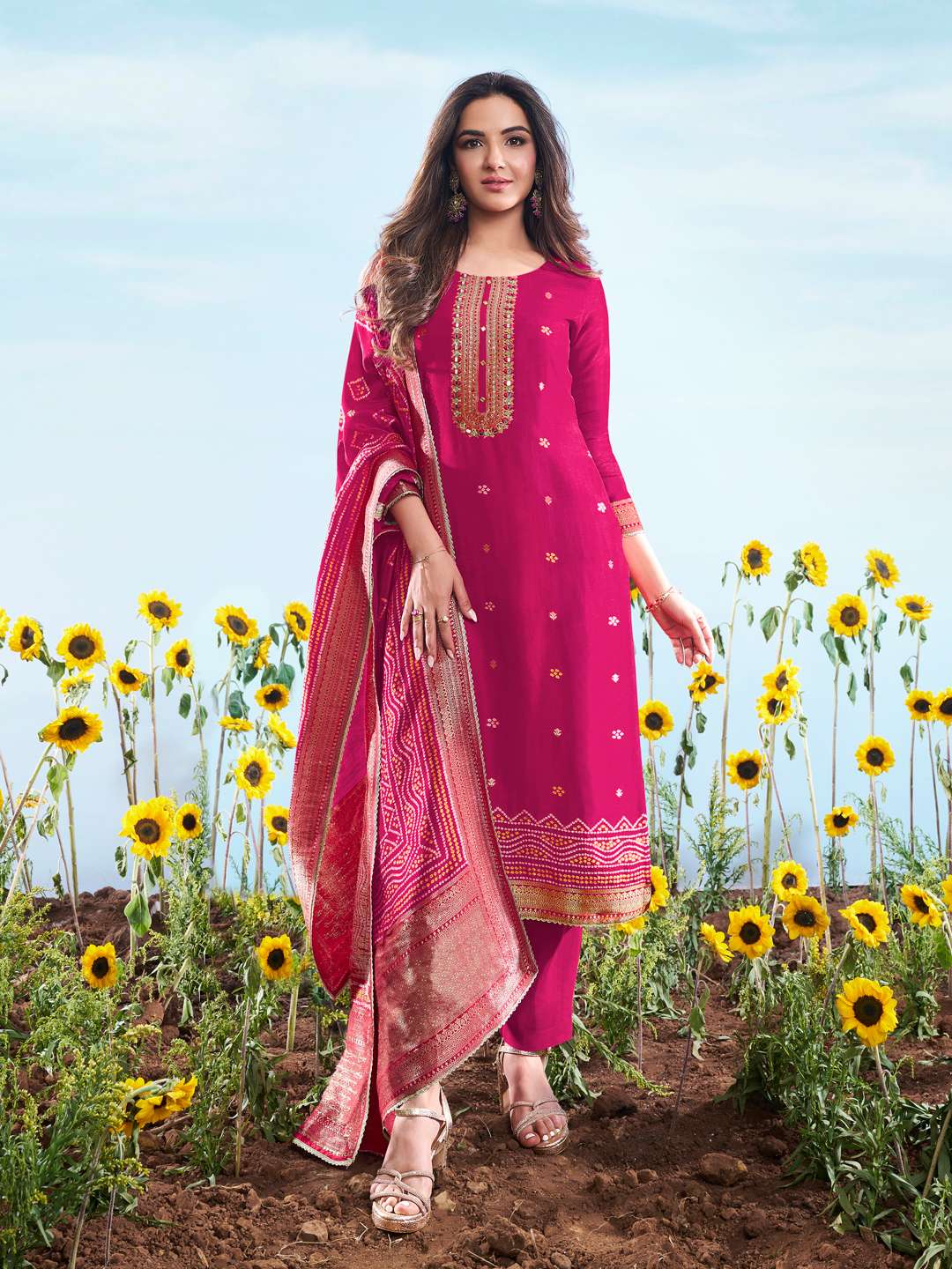 Floral Embroidered Sequnnied Jacquard Straight Kurta & Trousers With Dupatta