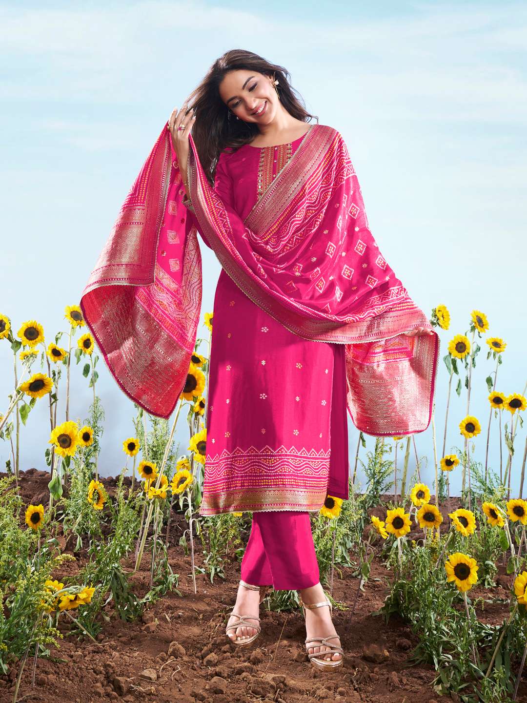 Floral Embroidered Sequnnied Jacquard Straight Kurta & Trousers With Dupatta
