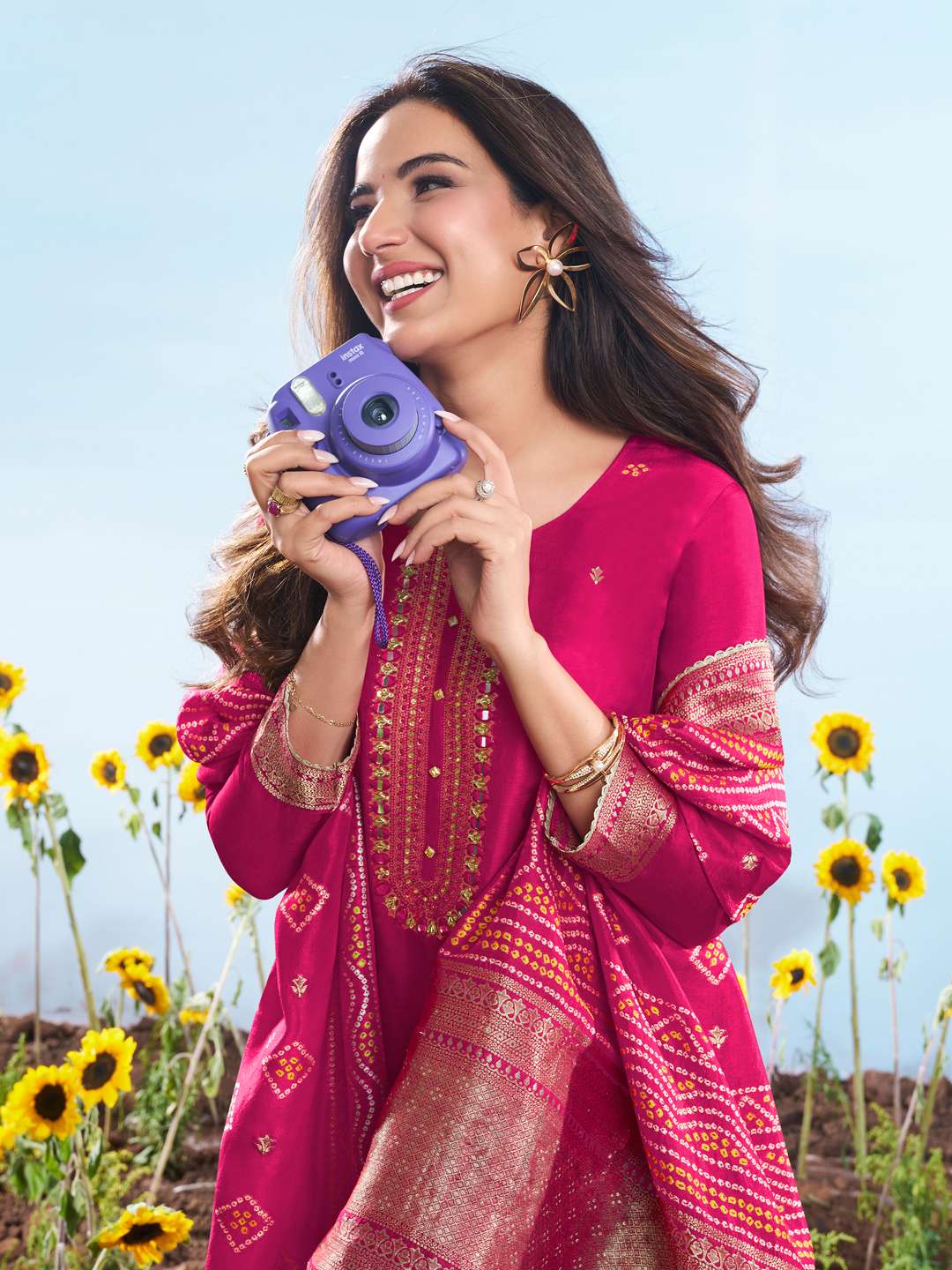 Floral Embroidered Sequnnied Jacquard Straight Kurta & Trousers With Dupatta