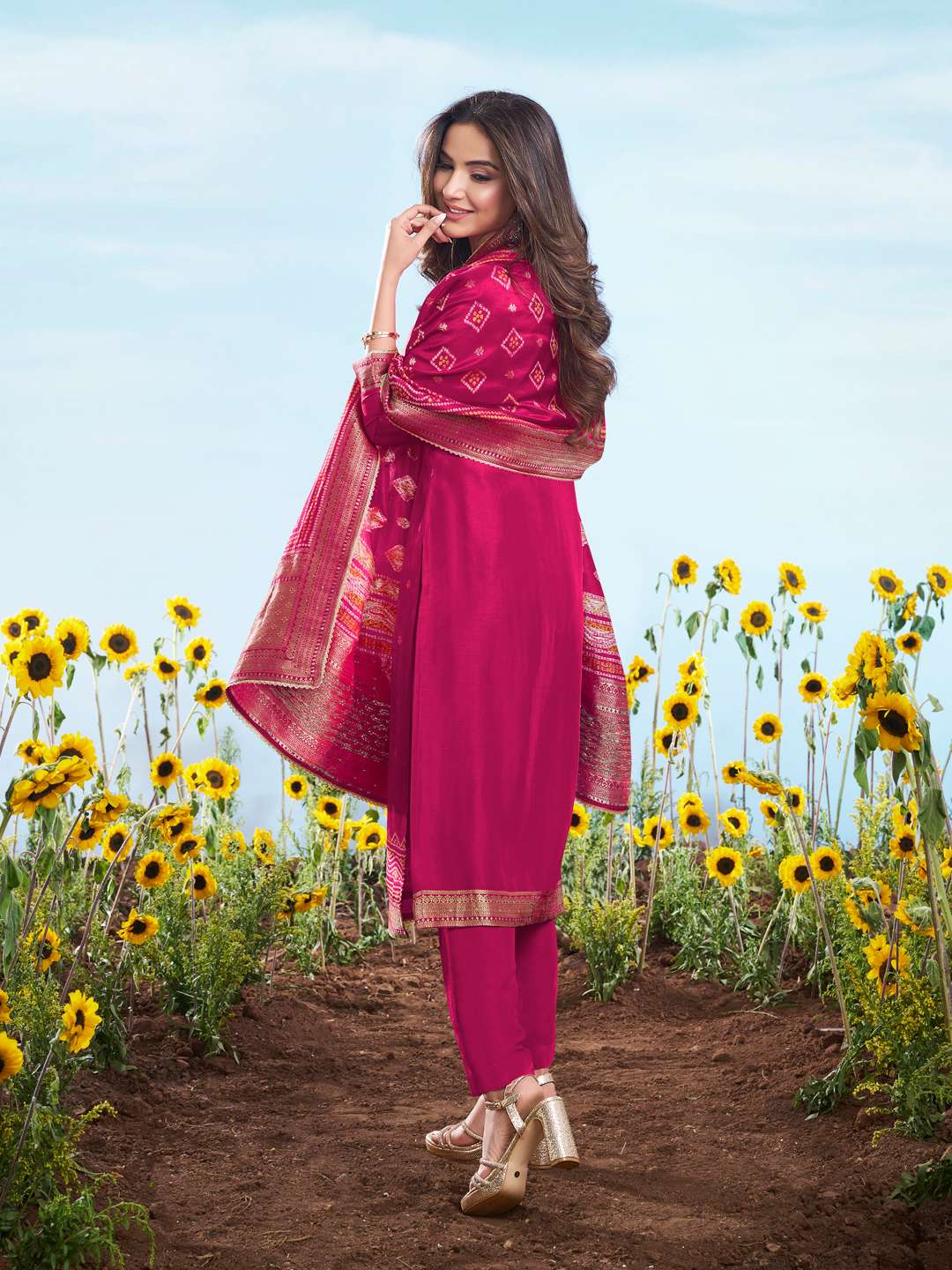 Floral Embroidered Sequnnied Jacquard Straight Kurta & Trousers With Dupatta