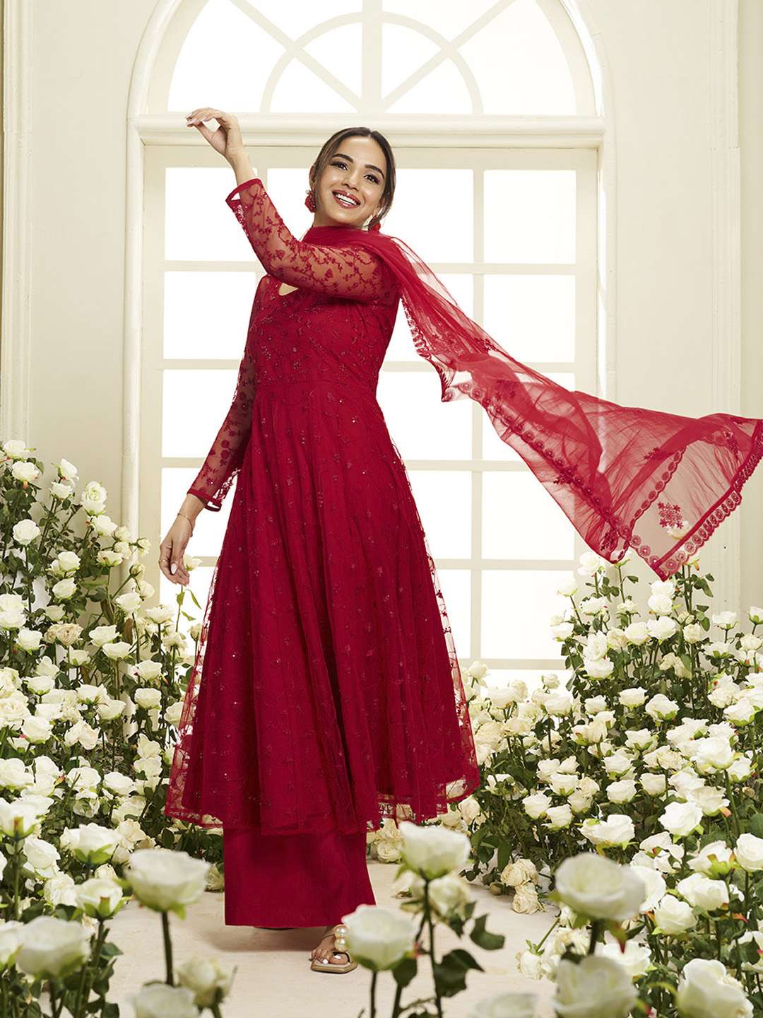 Floral Embroidered Round Neck Sequinned Anarkali Kurta With Palazzos & Dupatta