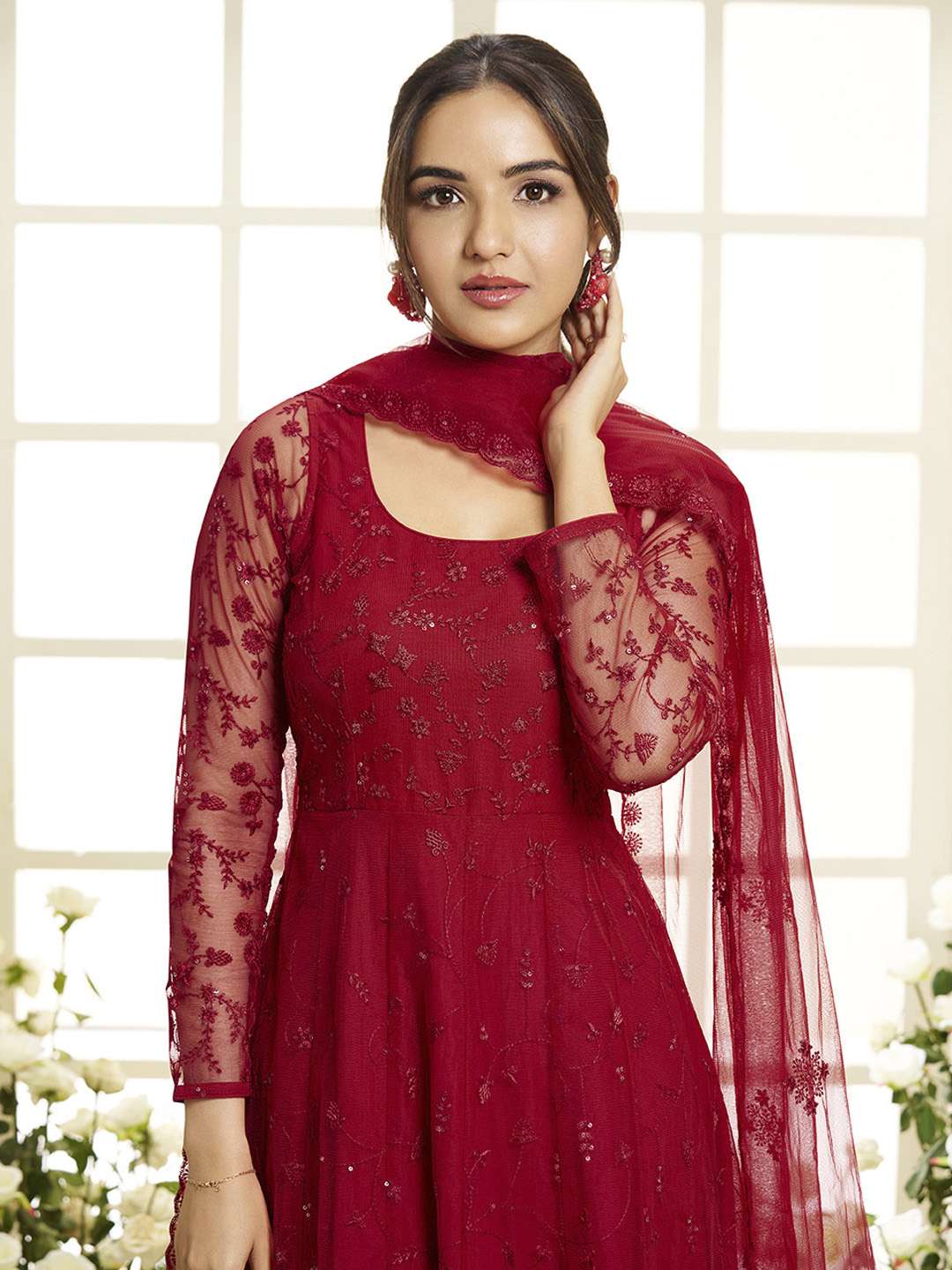 Floral Embroidered Round Neck Sequinned Anarkali Kurta With Palazzos & Dupatta