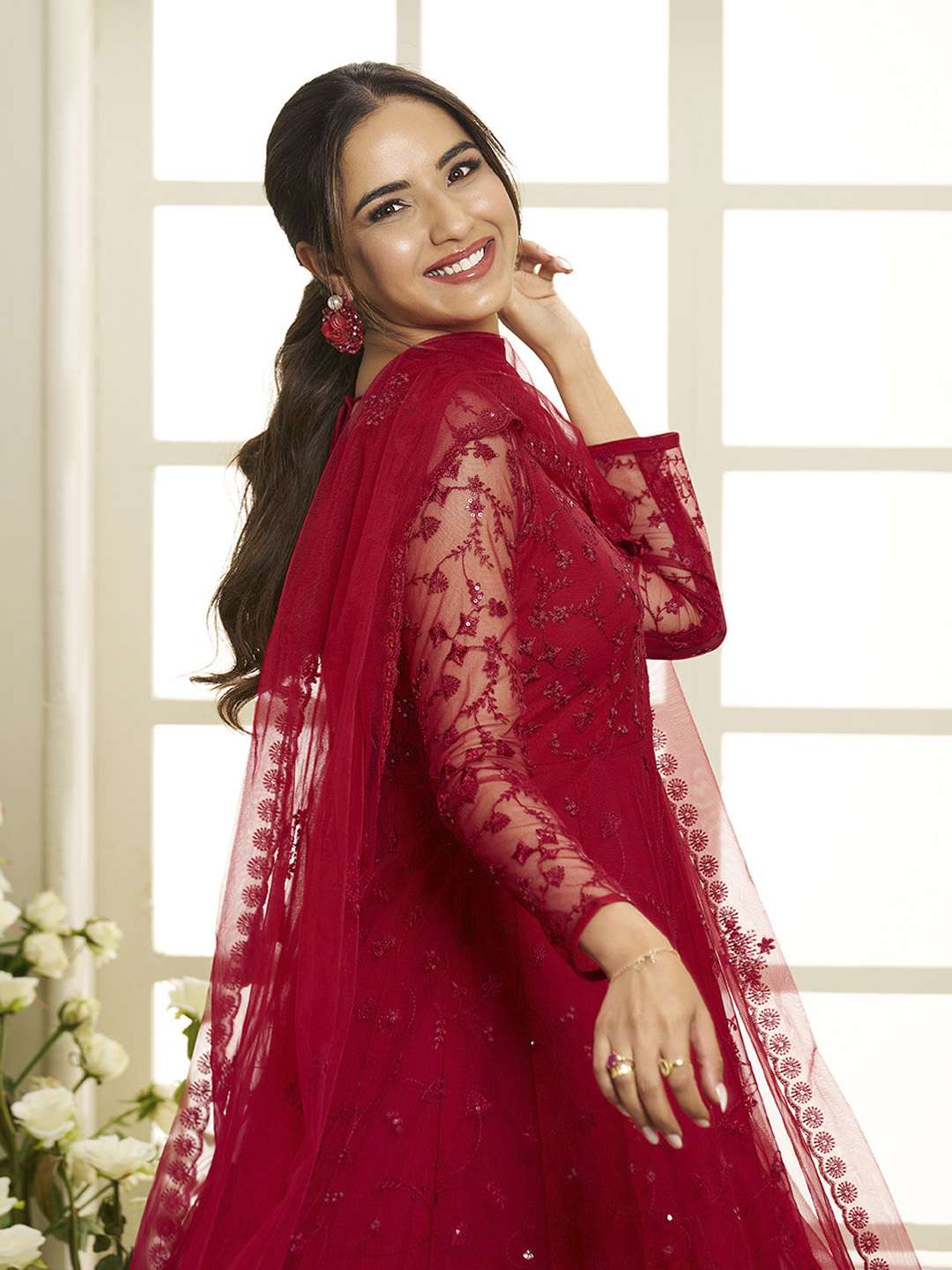 Floral Embroidered Round Neck Sequinned Anarkali Kurta With Palazzos & Dupatta