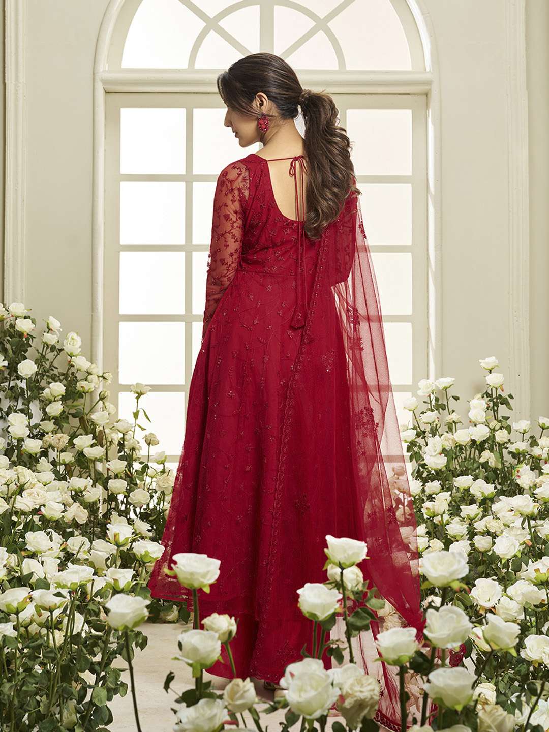 Floral Embroidered Round Neck Sequinned Anarkali Kurta With Palazzos & Dupatta