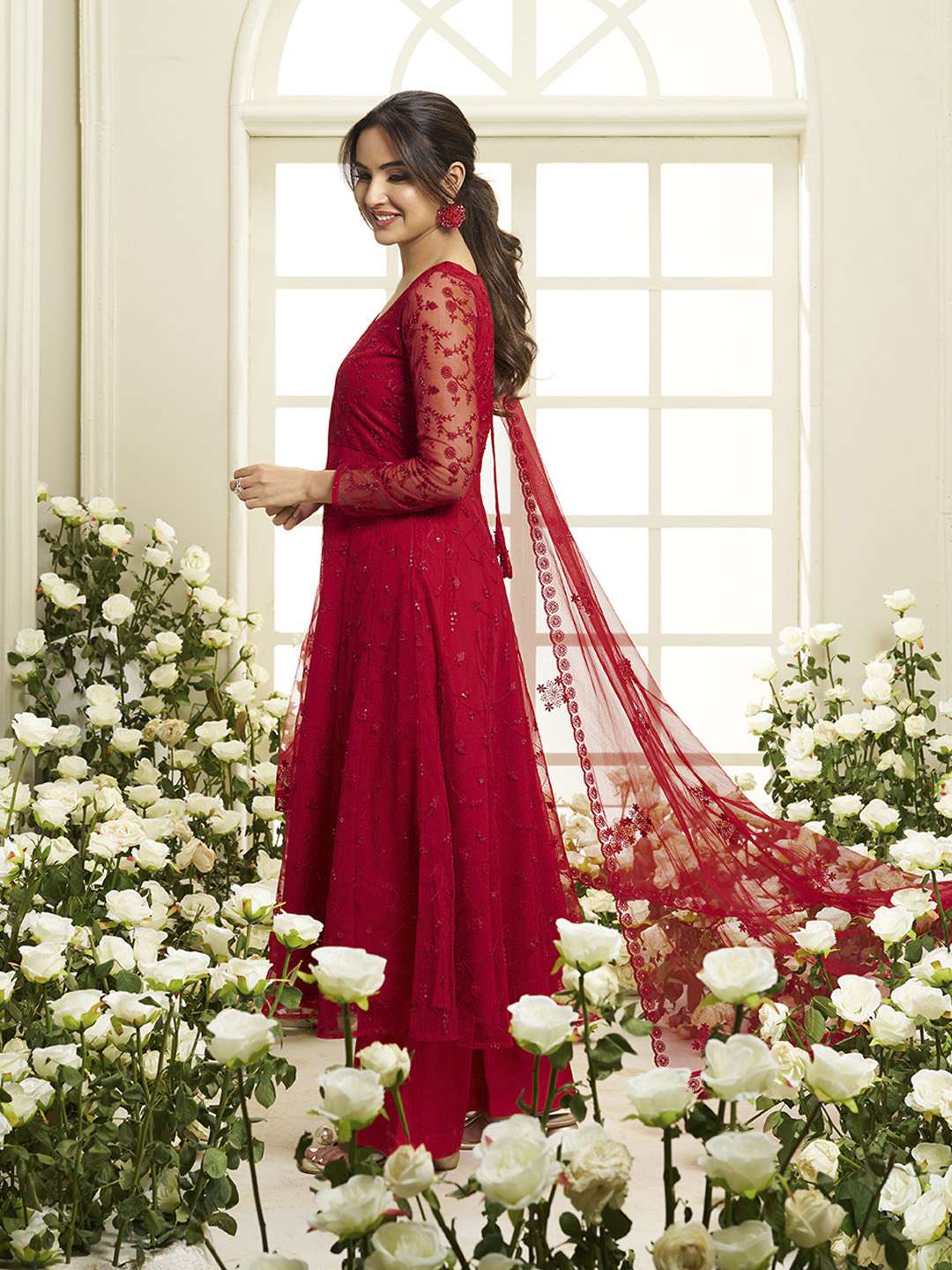 Floral Embroidered Round Neck Sequinned Anarkali Kurta With Palazzos & Dupatta