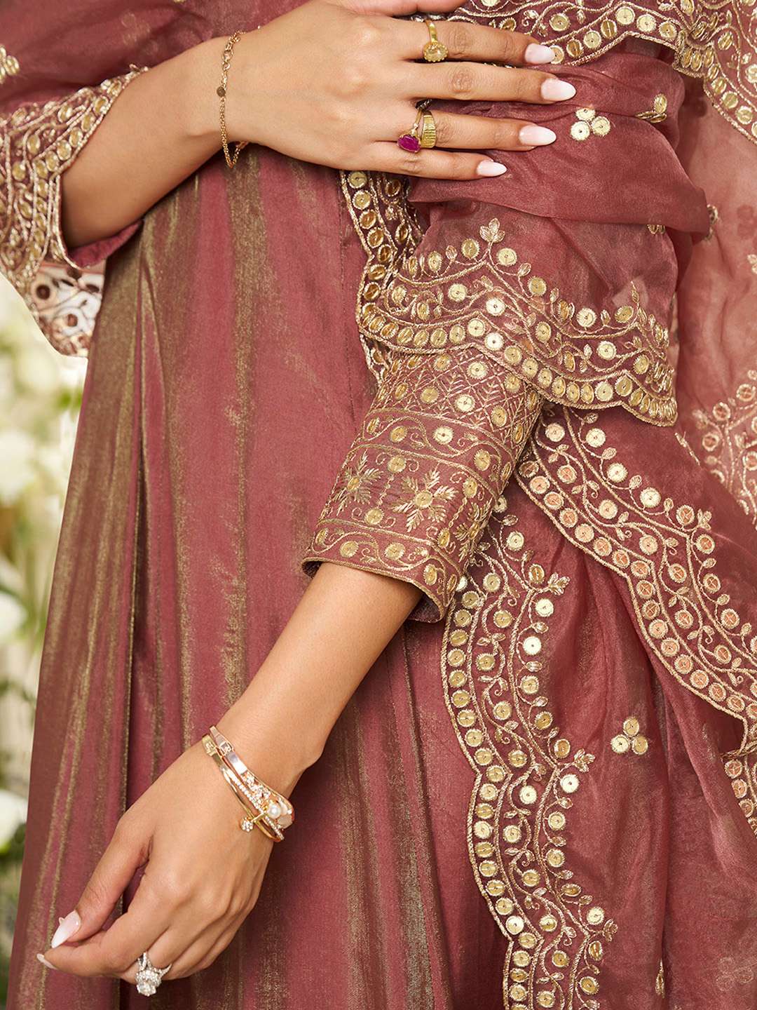 Floral Yoke Design Sequinned Anarkali Kurta With Palazzos & Dupatta