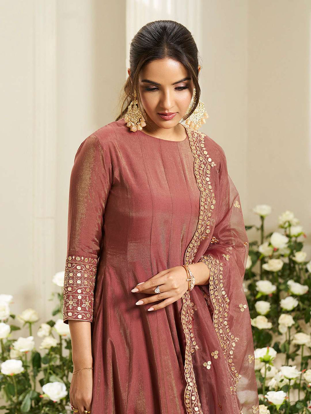 Floral Yoke Design Sequinned Anarkali Kurta With Palazzos & Dupatta