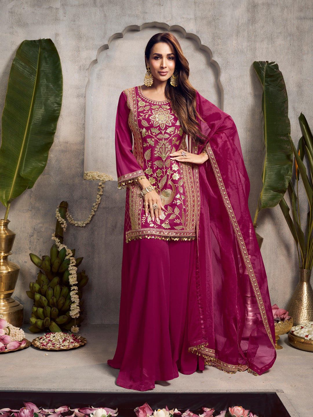Floral Embroidered Sequinned Kurta With Palazzos & Dupatta