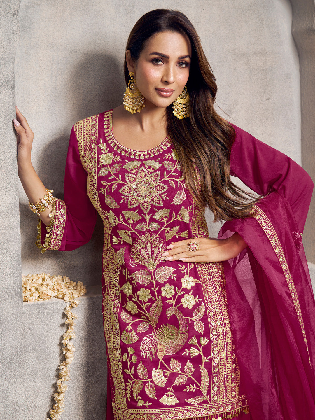 Floral Embroidered Sequinned Kurta With Palazzos & Dupatta