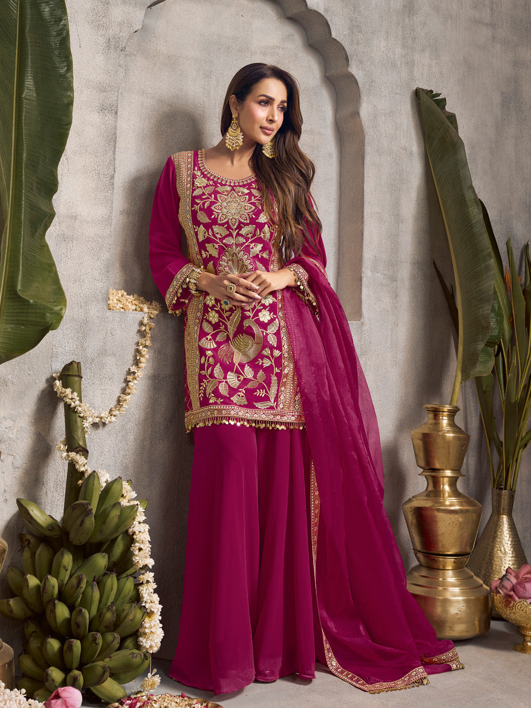 Floral Embroidered Sequinned Kurta With Palazzos & Dupatta