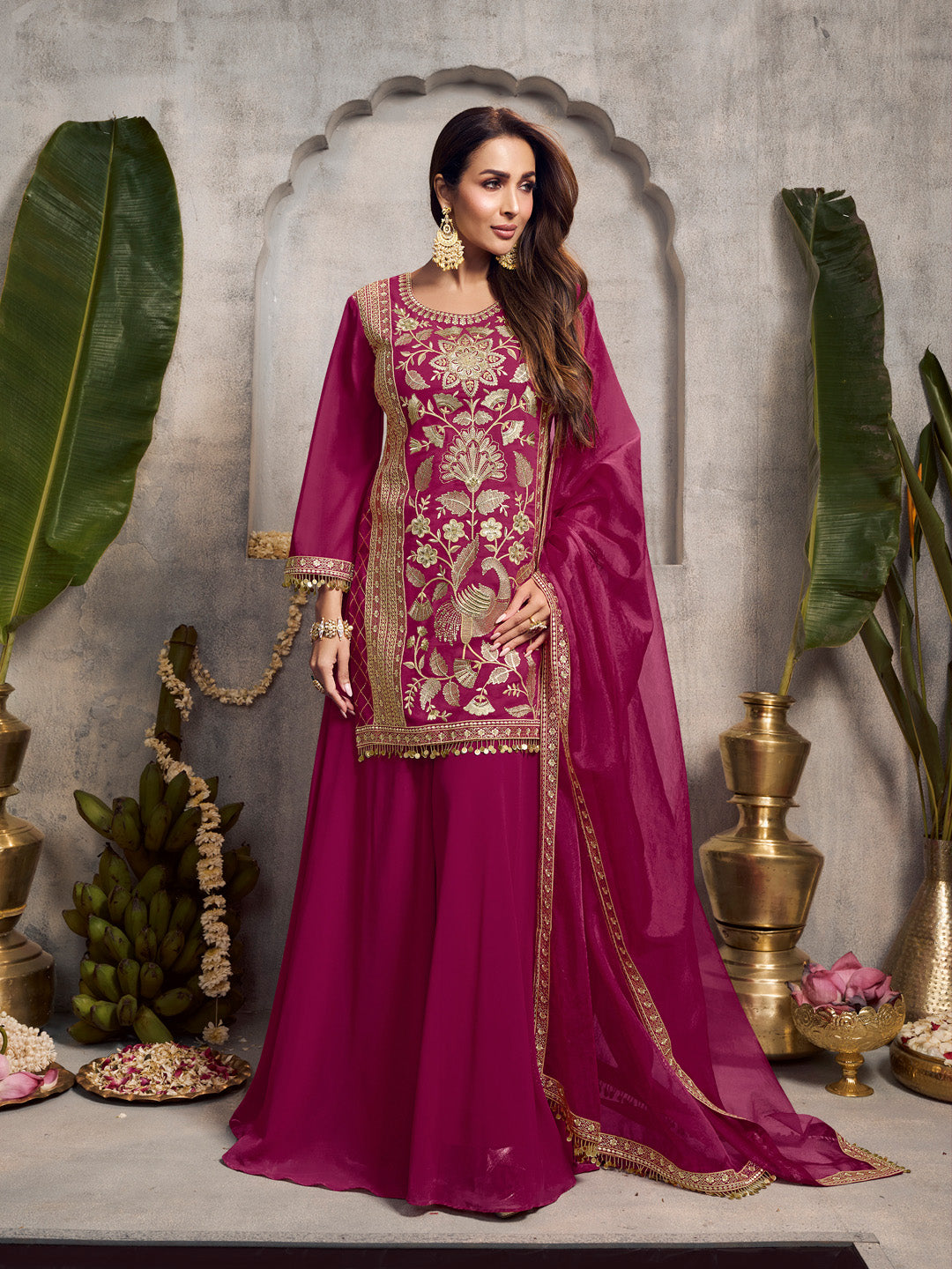 Floral Embroidered Sequinned Kurta With Palazzos & Dupatta