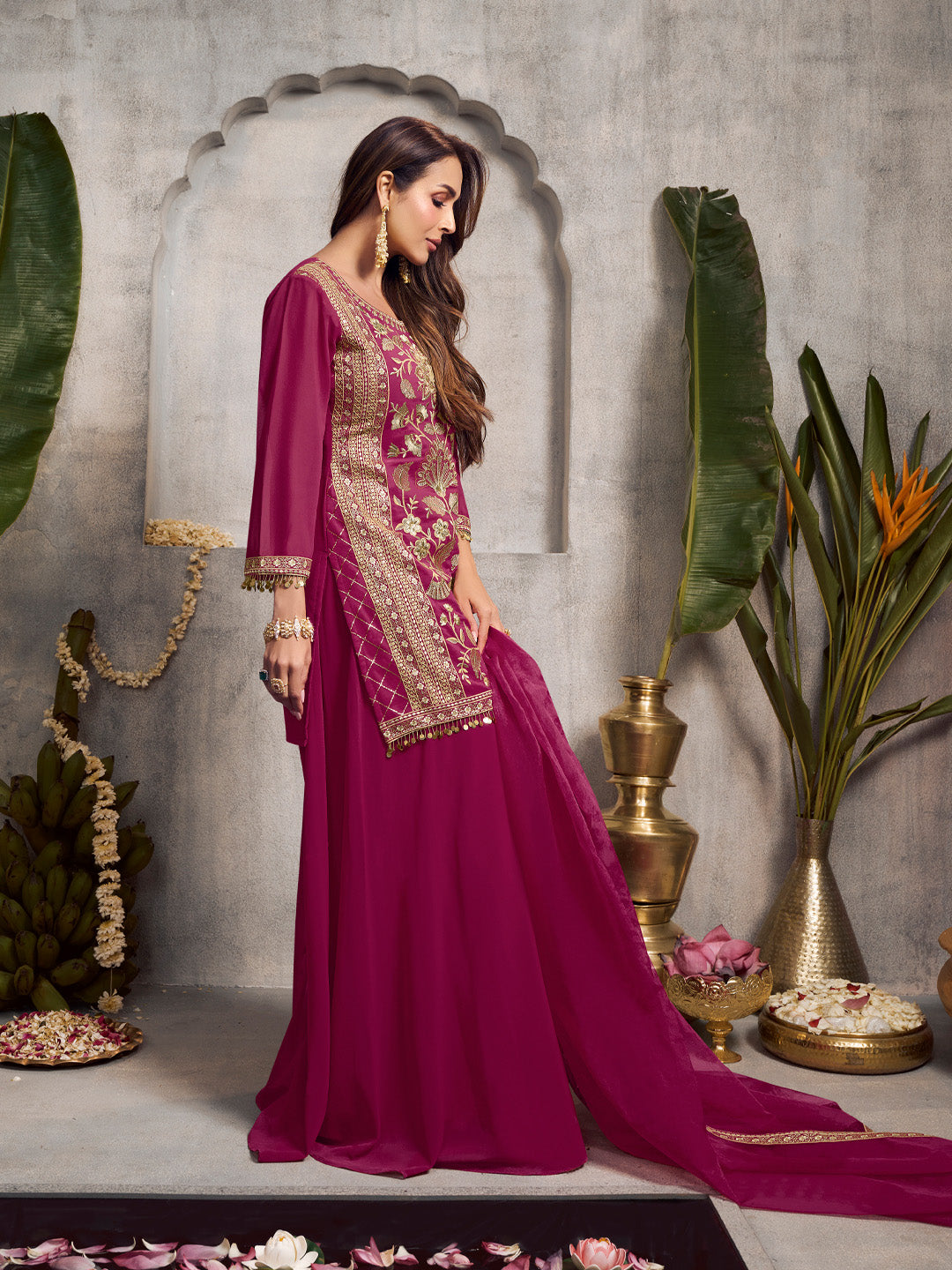 Floral Embroidered Sequinned Kurta With Palazzos & Dupatta