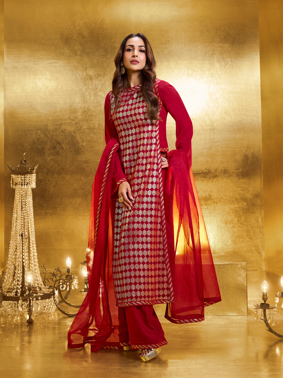Women Embroidered High Slit Sequinned Kurta with Palazzos & Dupatta