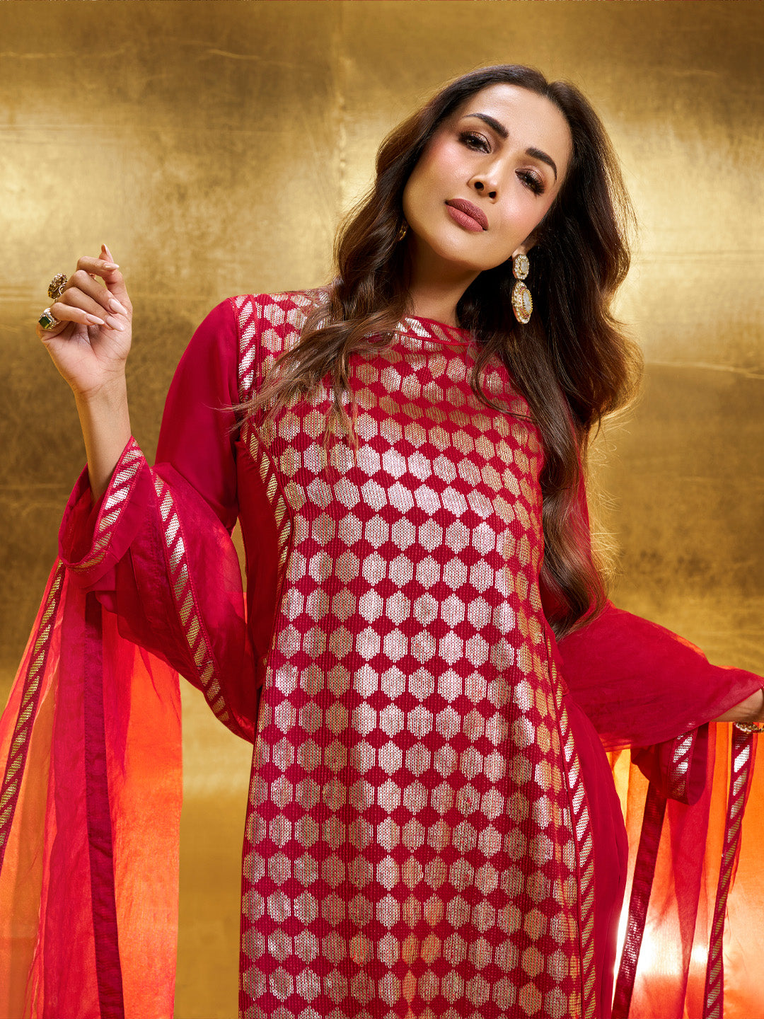 Women Embroidered High Slit Sequinned Kurta with Palazzos & Dupatta