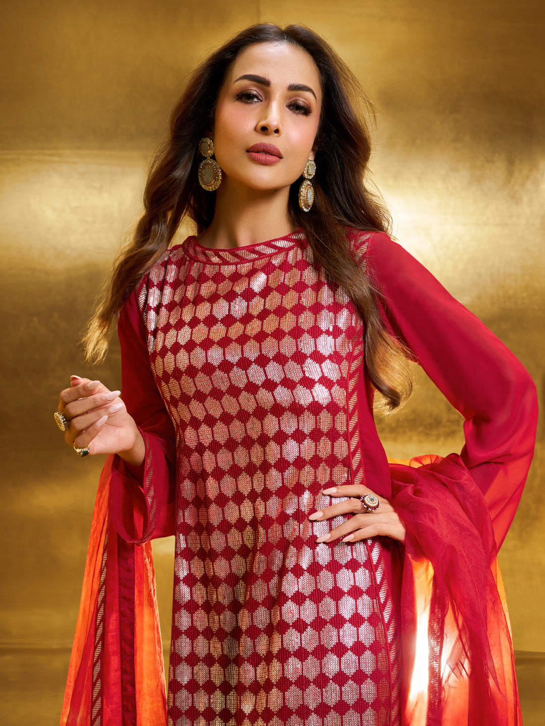 Women Embroidered High Slit Sequinned Kurta with Palazzos & Dupatta