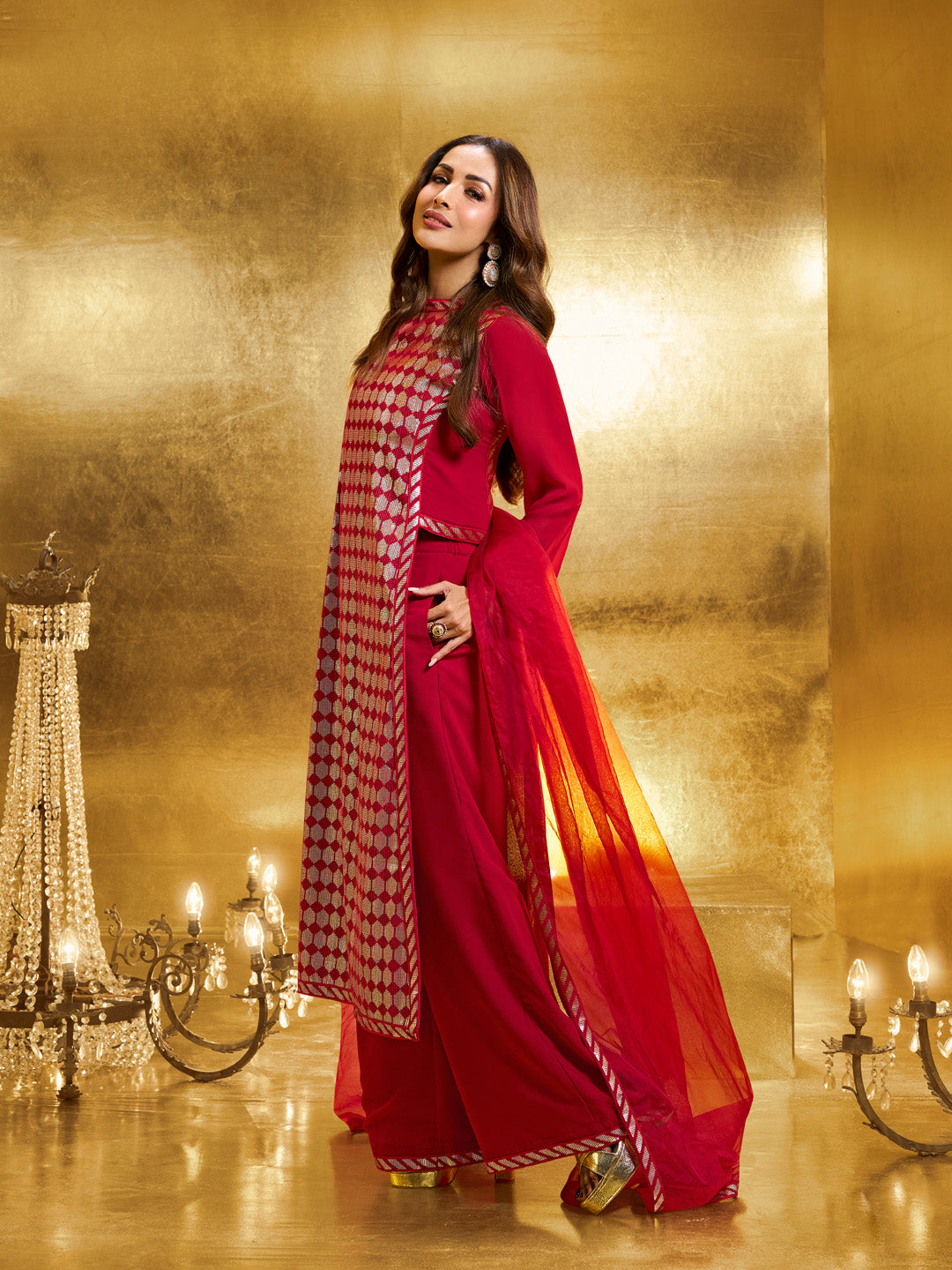 Women Embroidered High Slit Sequinned Kurta with Palazzos & Dupatta