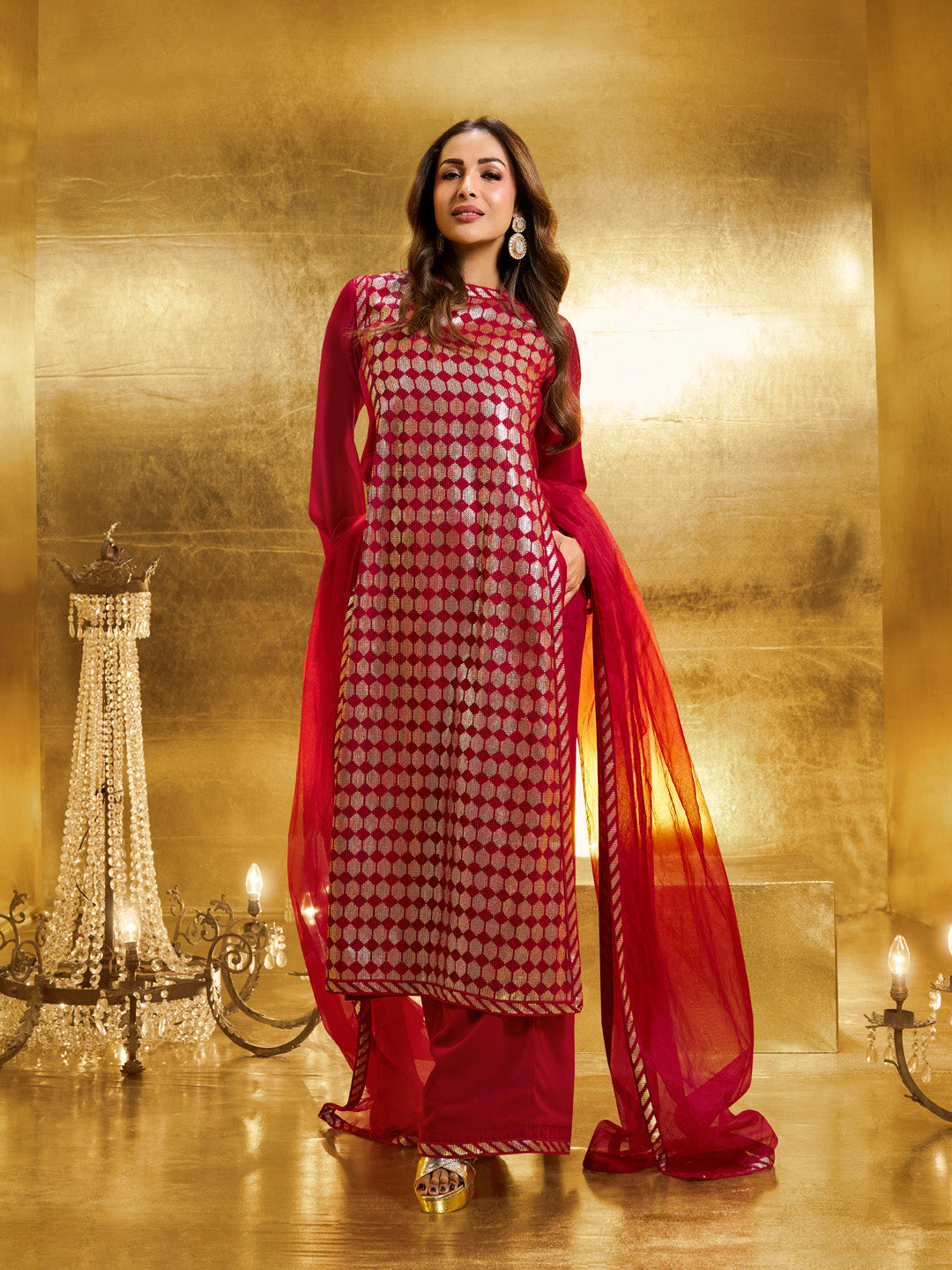 Women Embroidered High Slit Sequinned Kurta with Palazzos & Dupatta