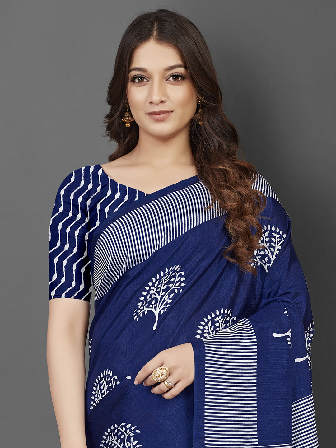 Dola Silk Blue Printed Designer Saree With Blouse