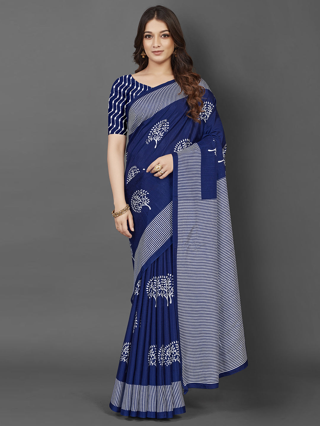 Dola Silk Blue Printed Designer Saree With Blouse