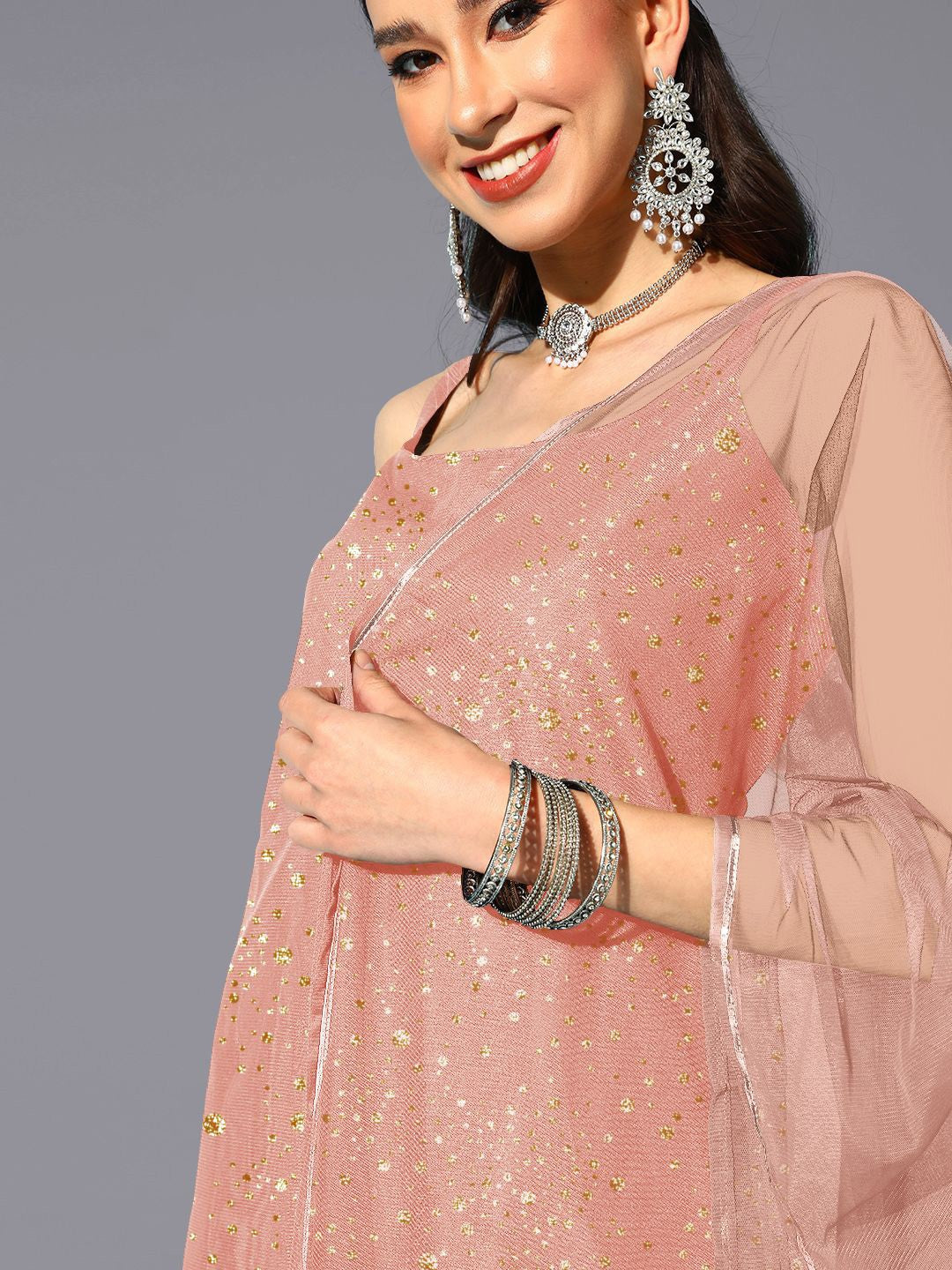 Abstract Printed Square Neck Net Kurti With Sharara & Dupatta-AH