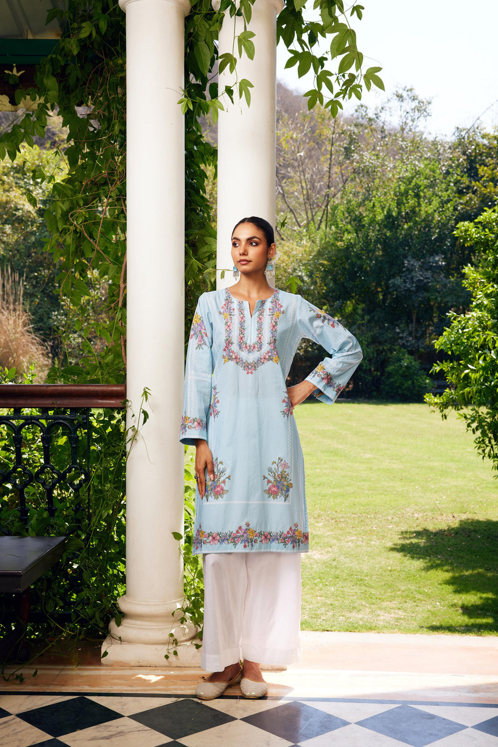 Gulzaar Short Aqua Blue Checked Kurta Set of 3