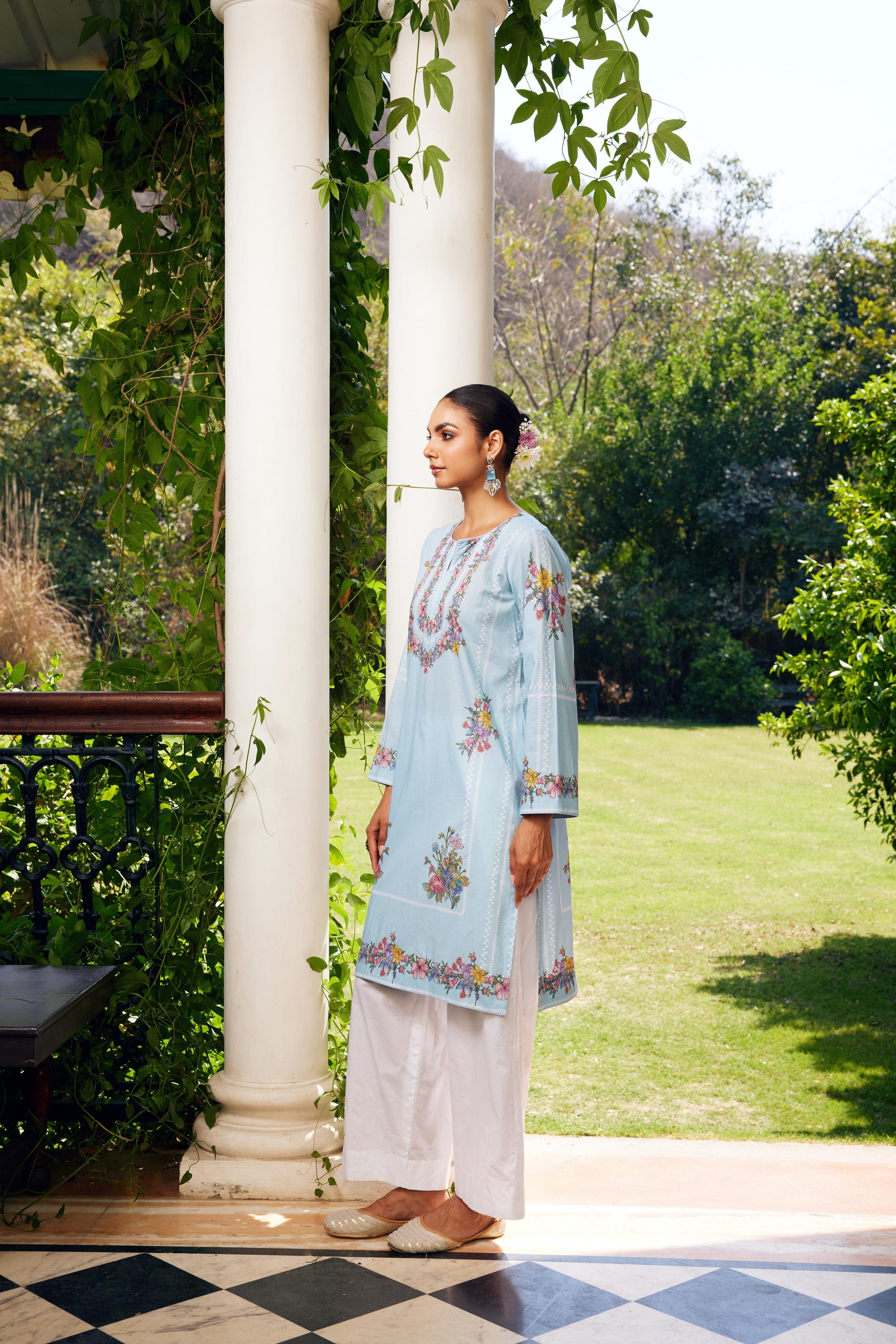 Gulzaar Short Aqua Blue Checked Kurta Set of 3