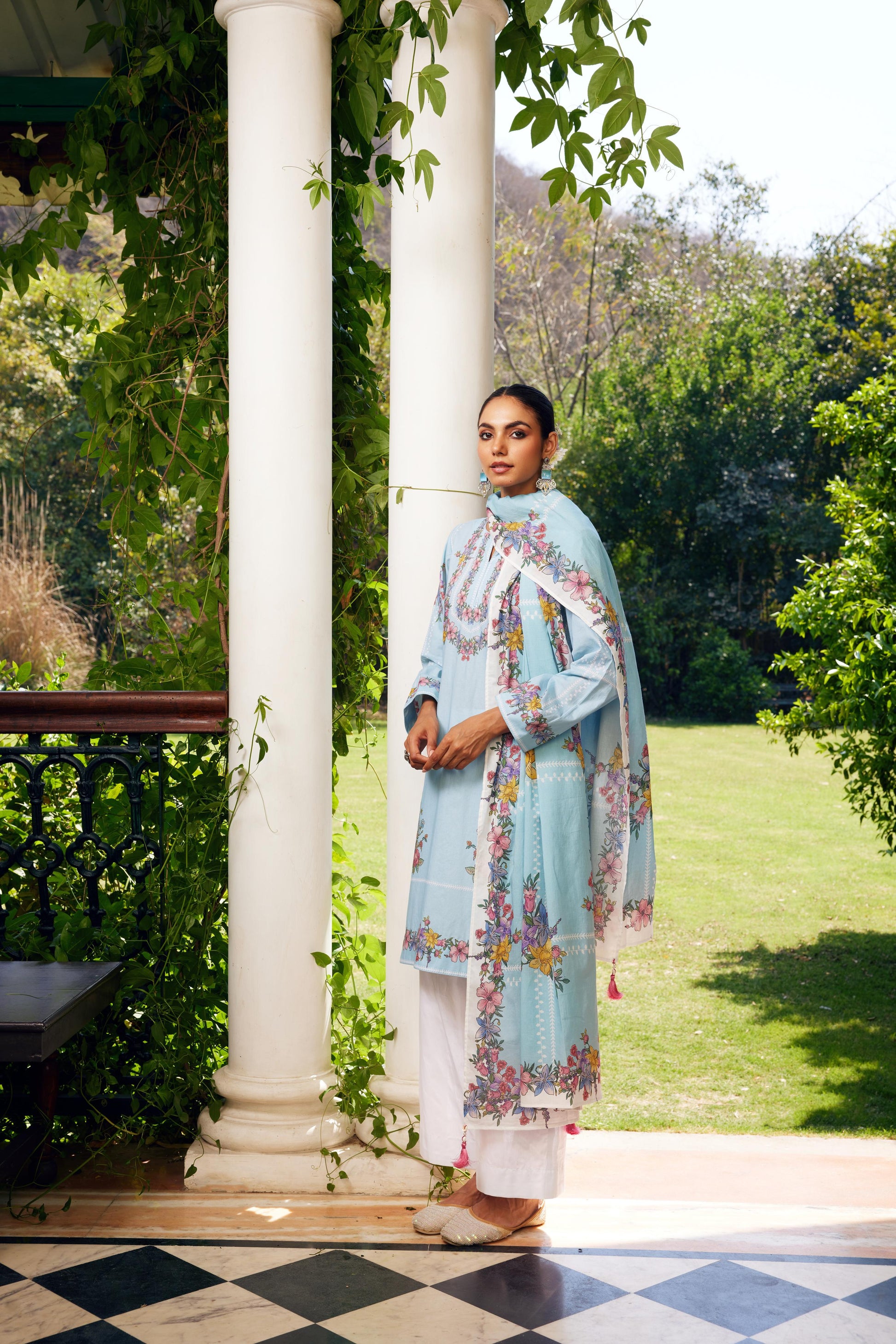Gulzaar Short Aqua Blue Checked Kurta Set of 3