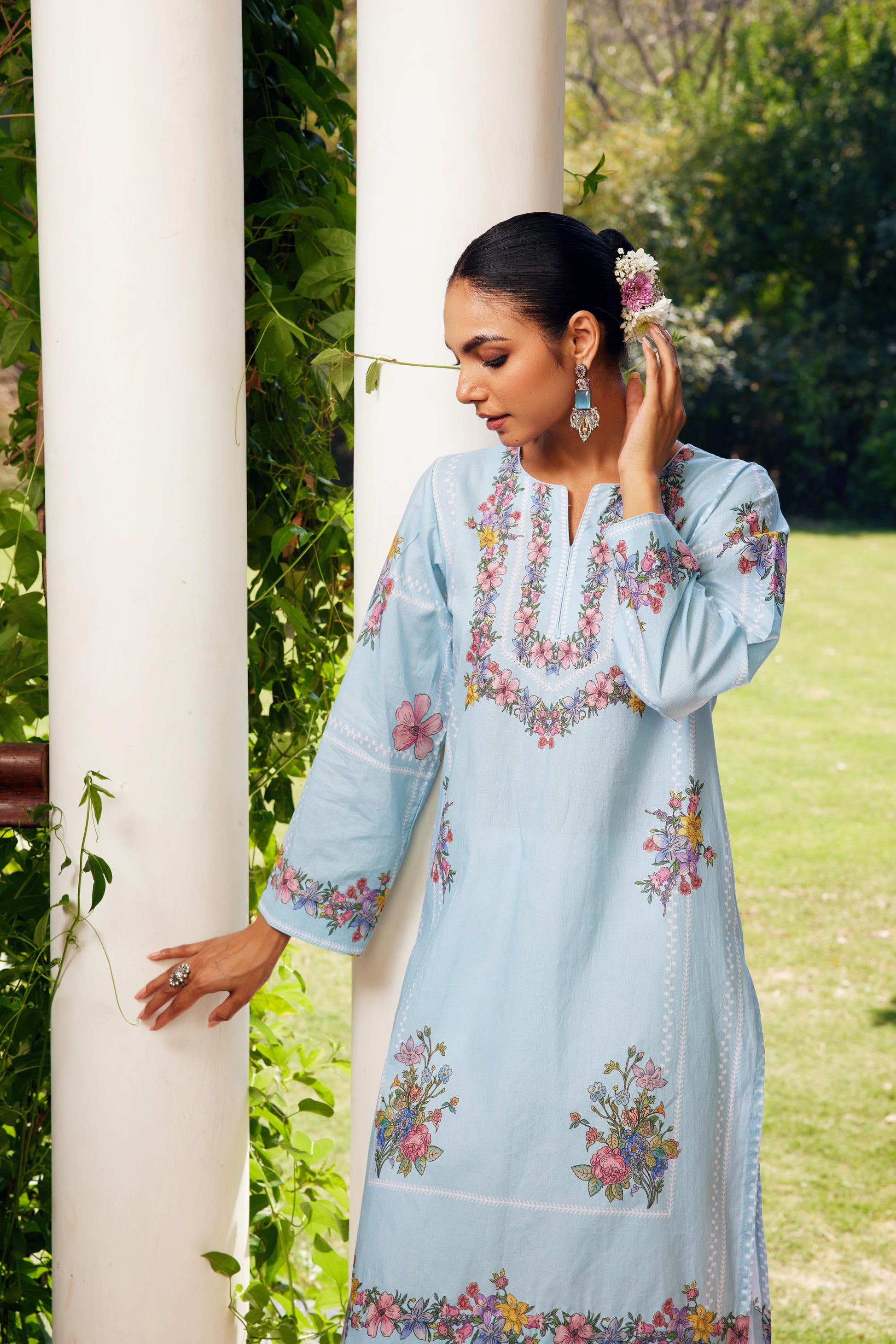 Gulzaar Short Aqua Blue Checked Kurta Set of 3