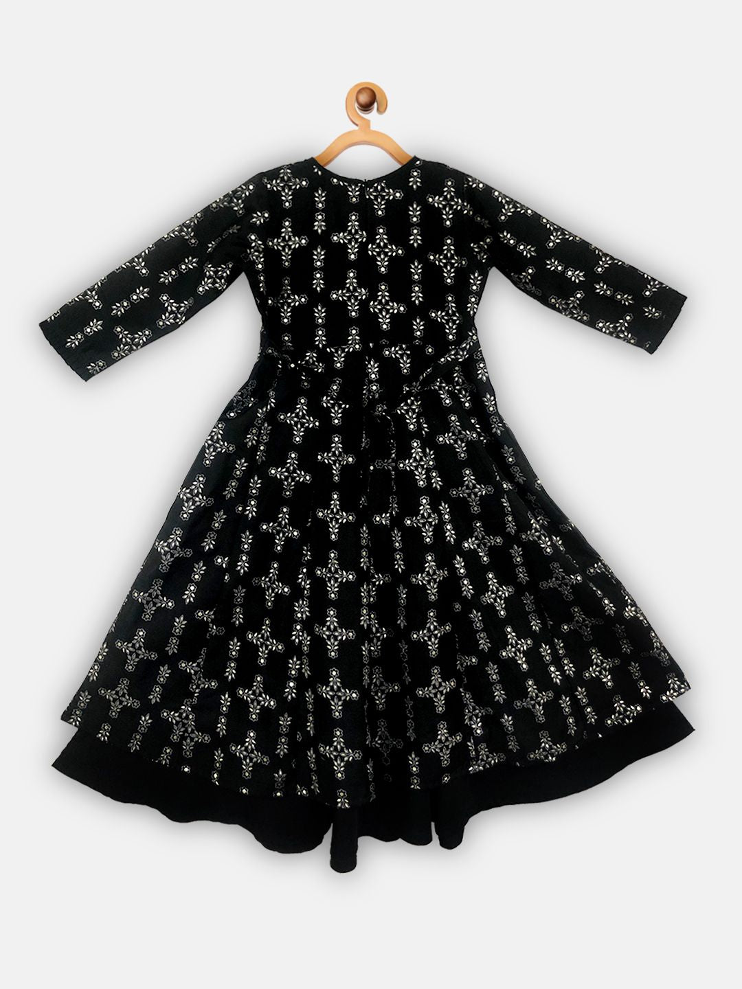 Black Chanderi Gold Foil Printed Girls Dress