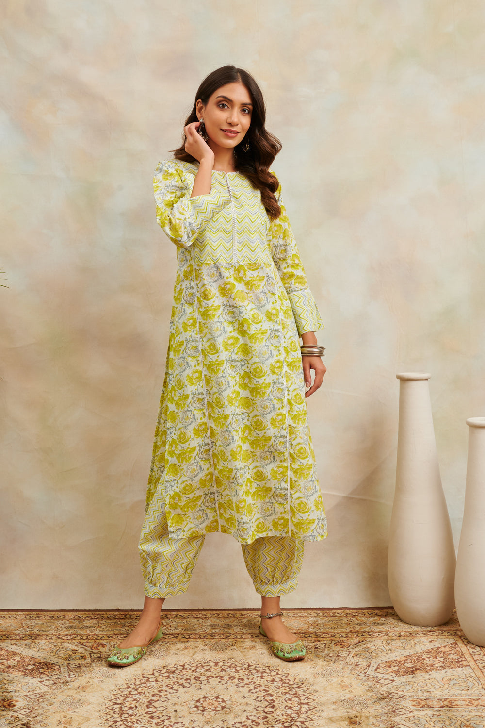 Lemon Yellow Printed Straight Kurta