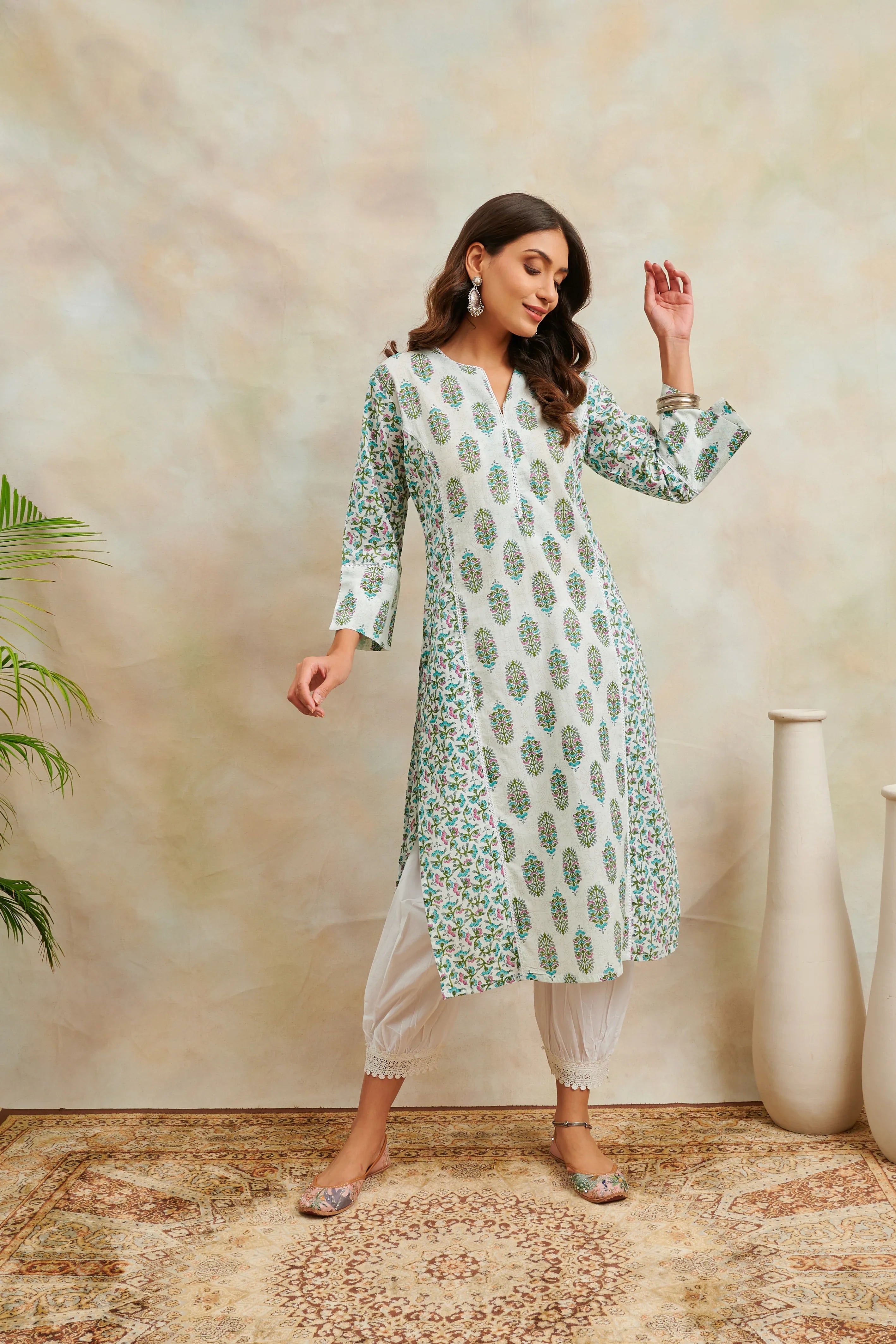 White & Teal Printed Sanganeri Straight Kurta