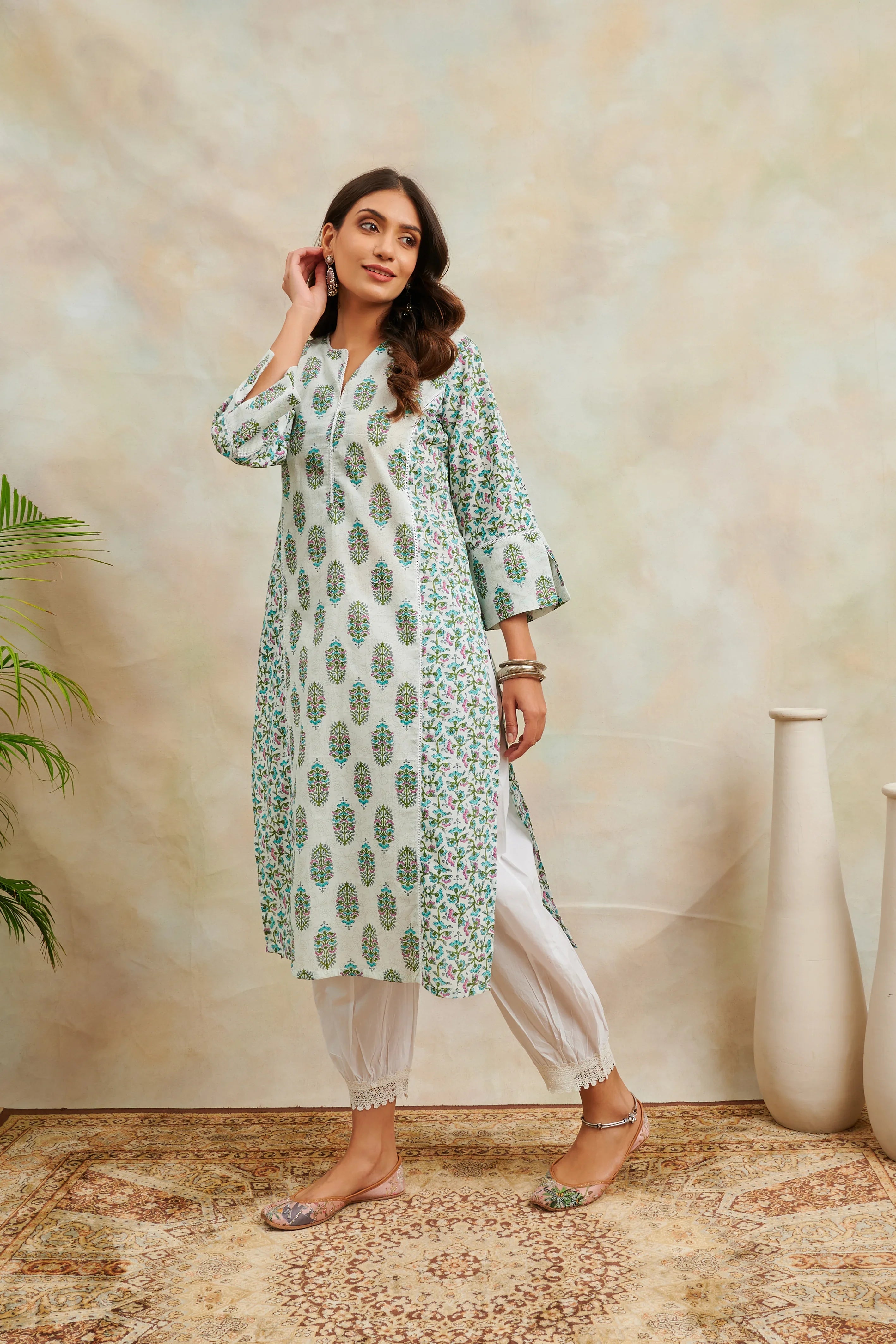 White & Teal Printed Sanganeri Straight Kurta