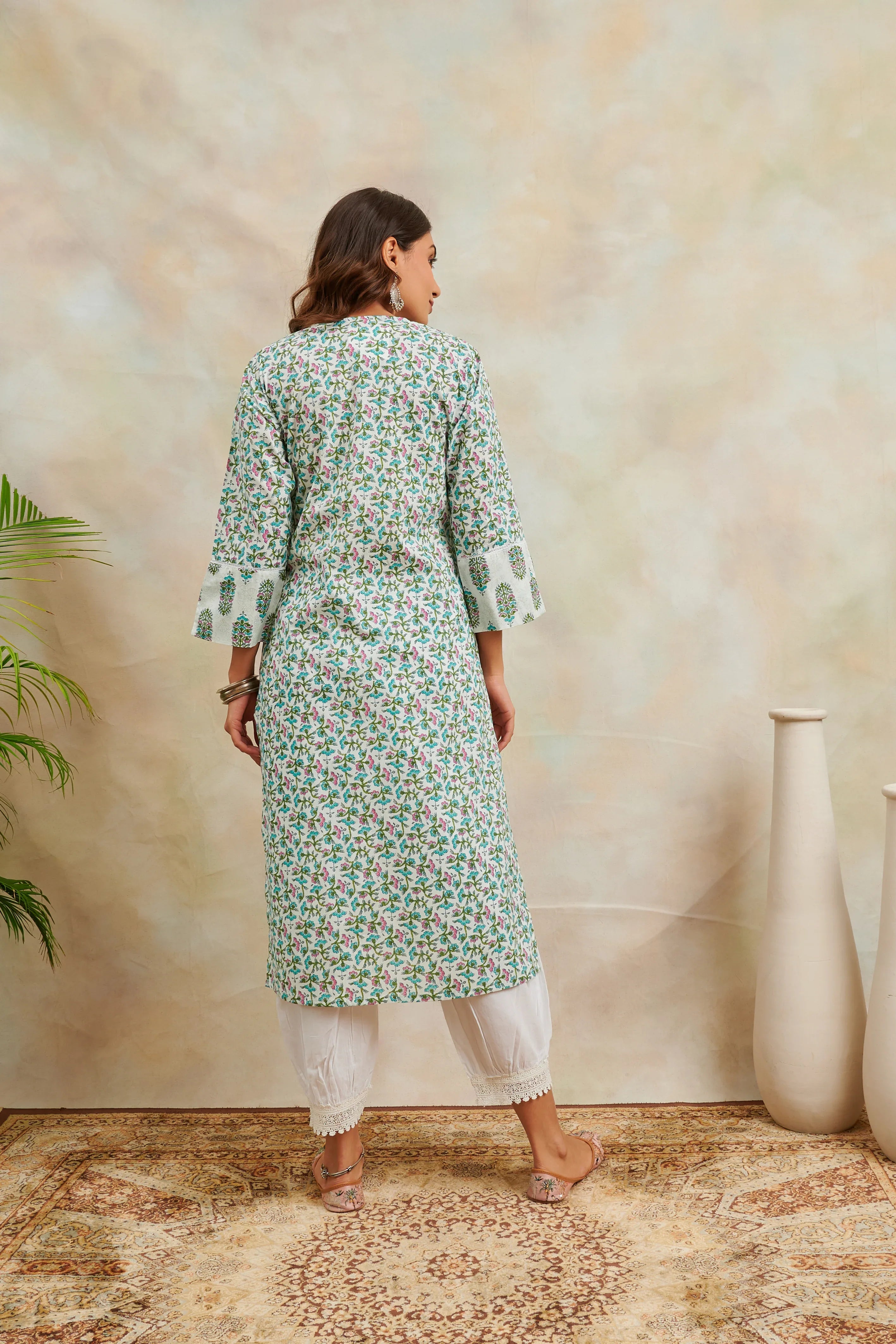 White & Teal Printed Sanganeri Straight Kurta