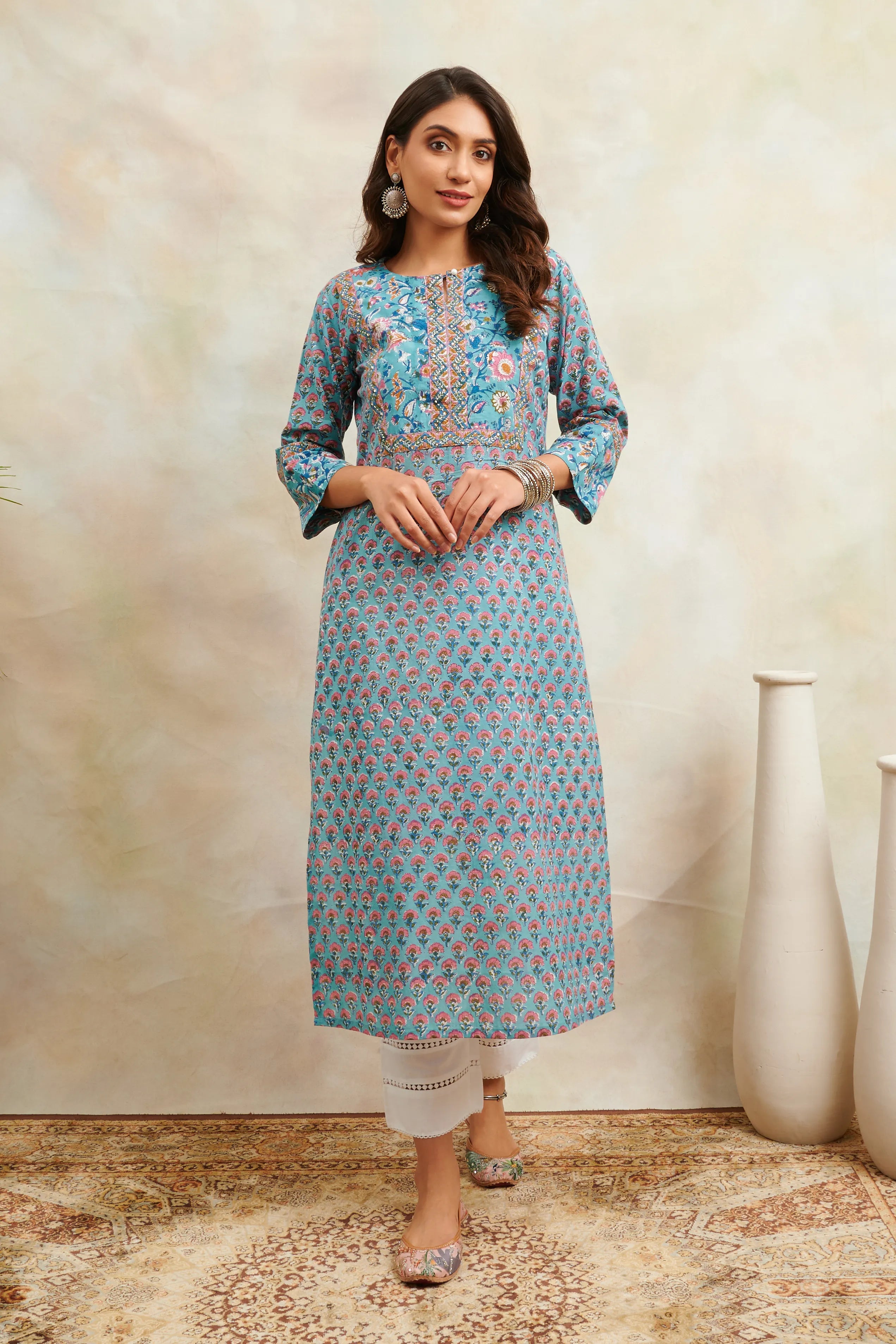 Teal Blue/Pink Sanganeri Straight Kurta