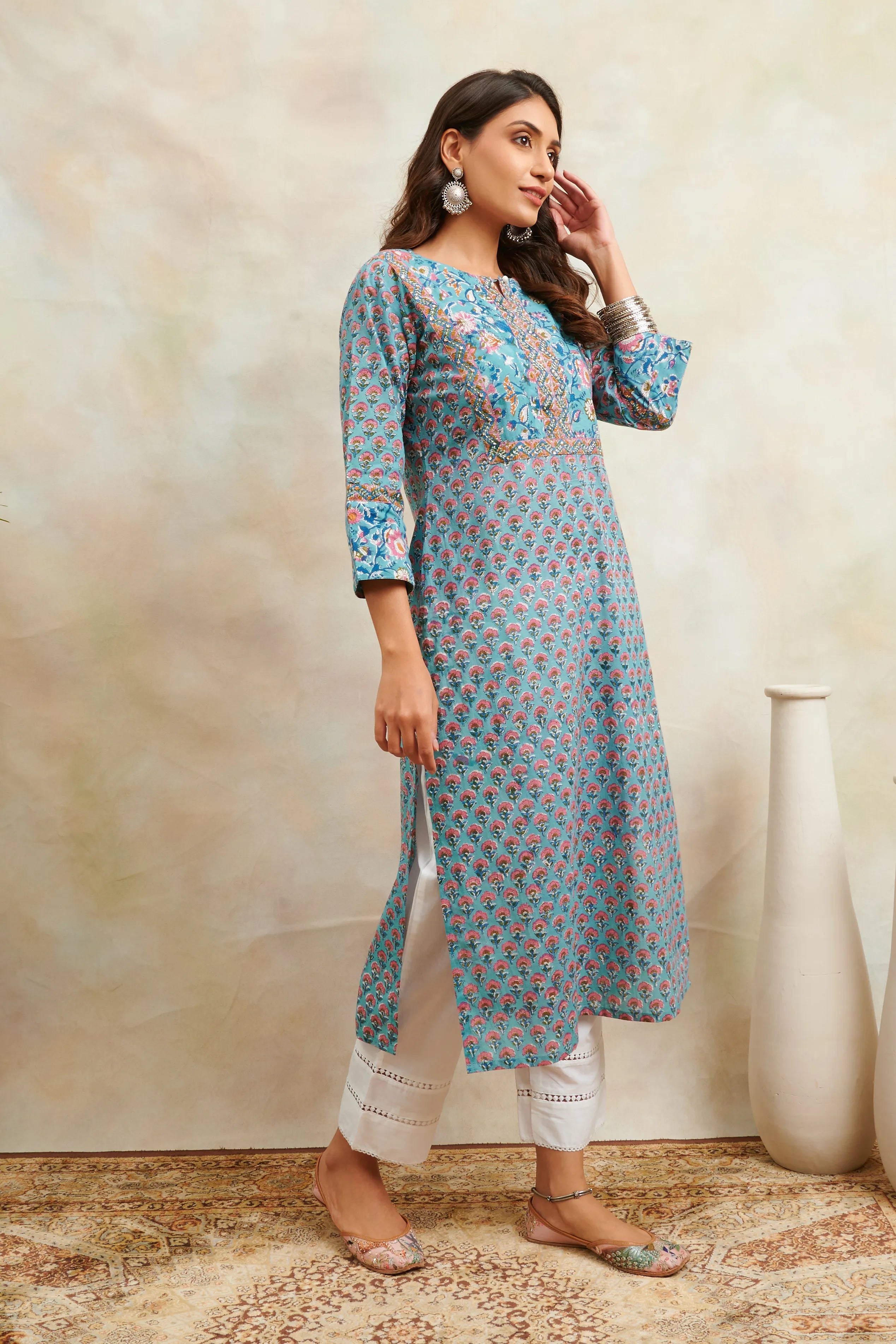 Teal Blue/Pink Sanganeri Straight Kurta