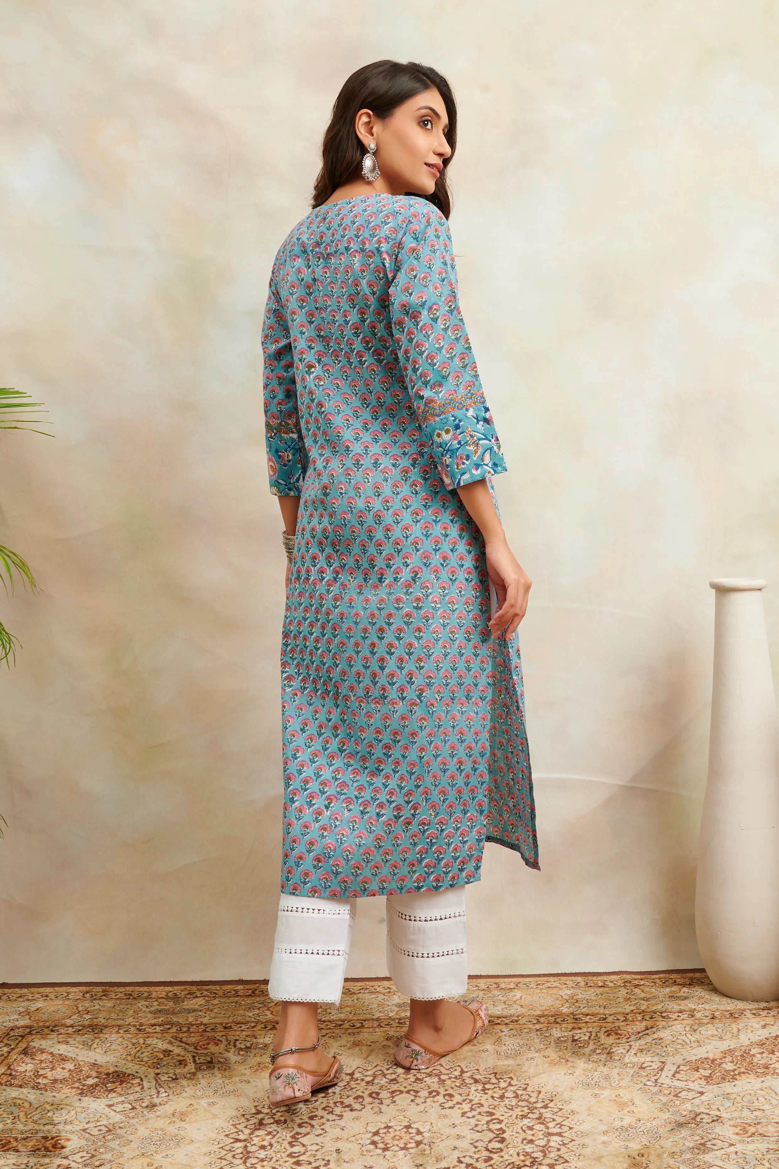 Teal Blue/Pink Sanganeri Straight Kurta