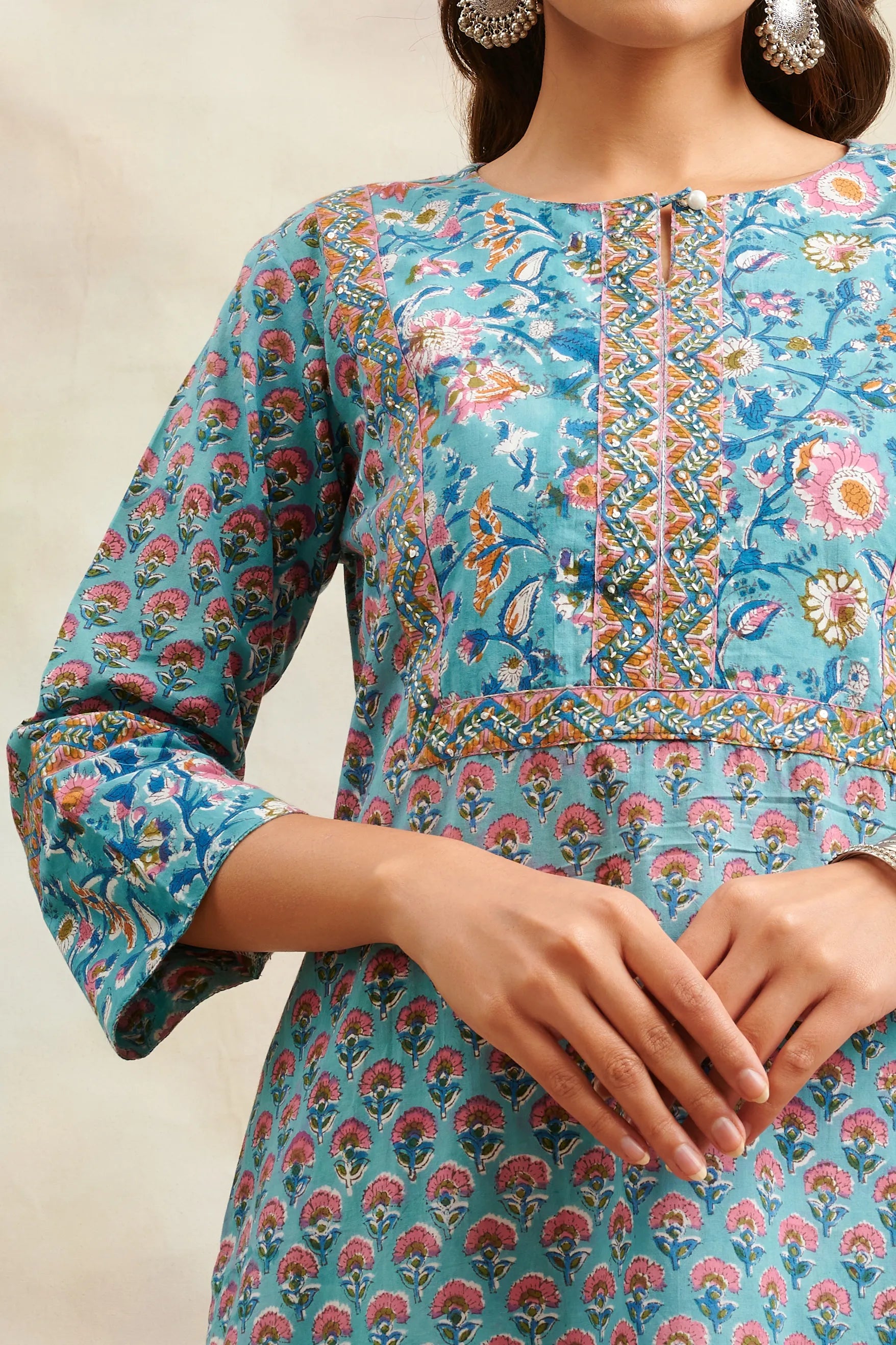 Teal Blue/Pink Sanganeri Straight Kurta