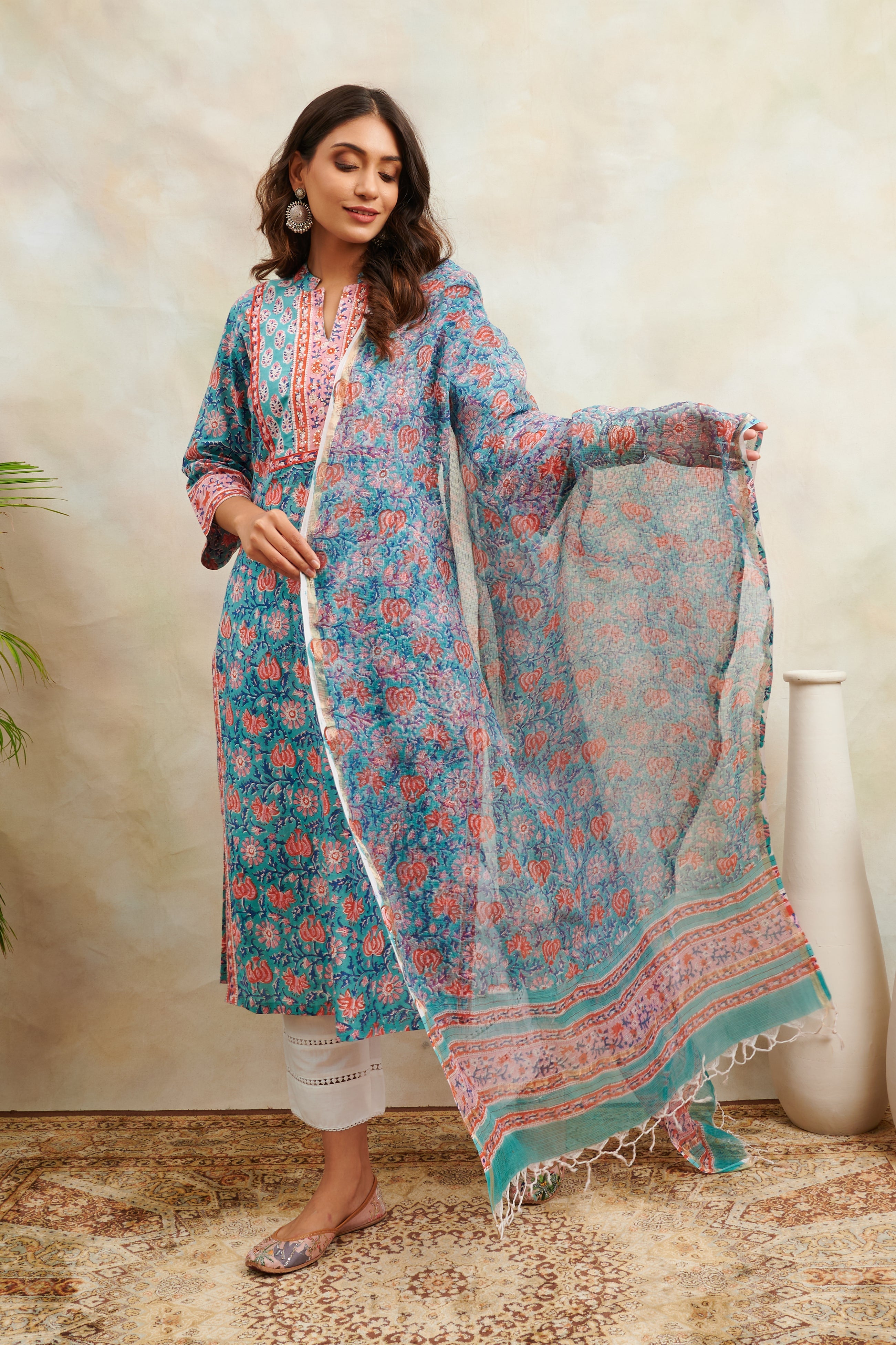 Teal Blue/Orange Kota Doria Dupatta