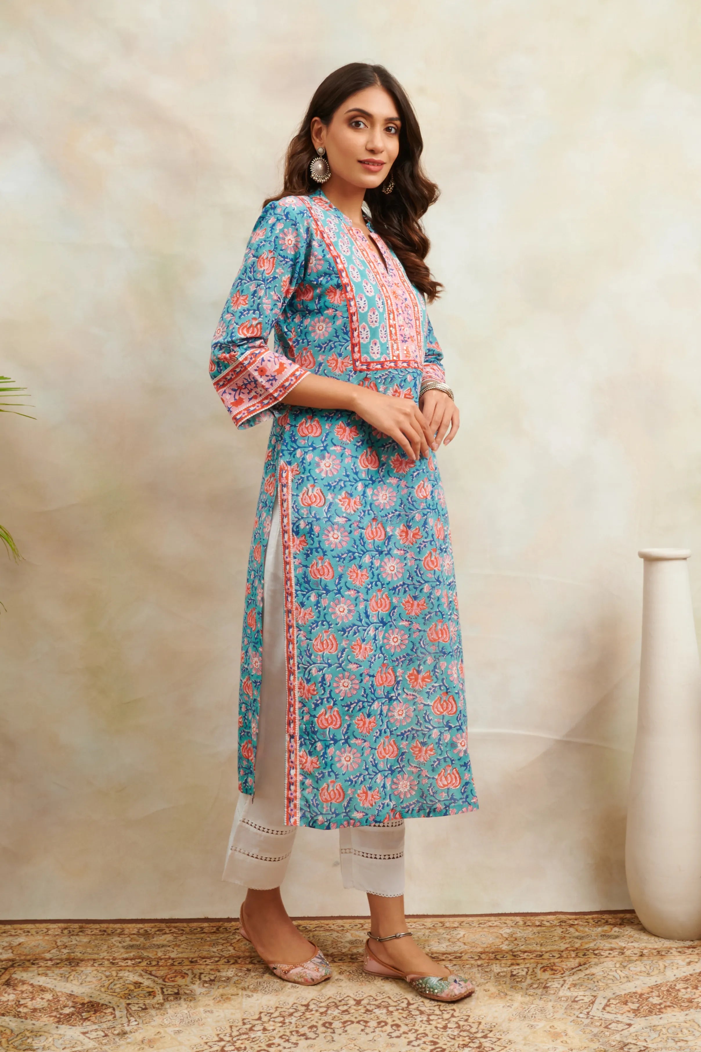 Teal Blue/Orange Sanganeri Straight Kurta