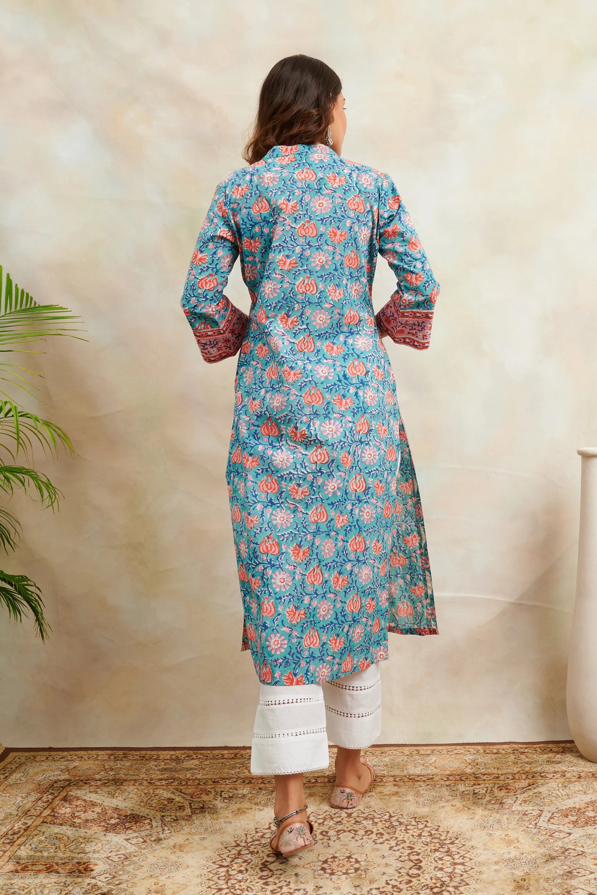 Teal Blue/Orange Sanganeri Straight Kurta