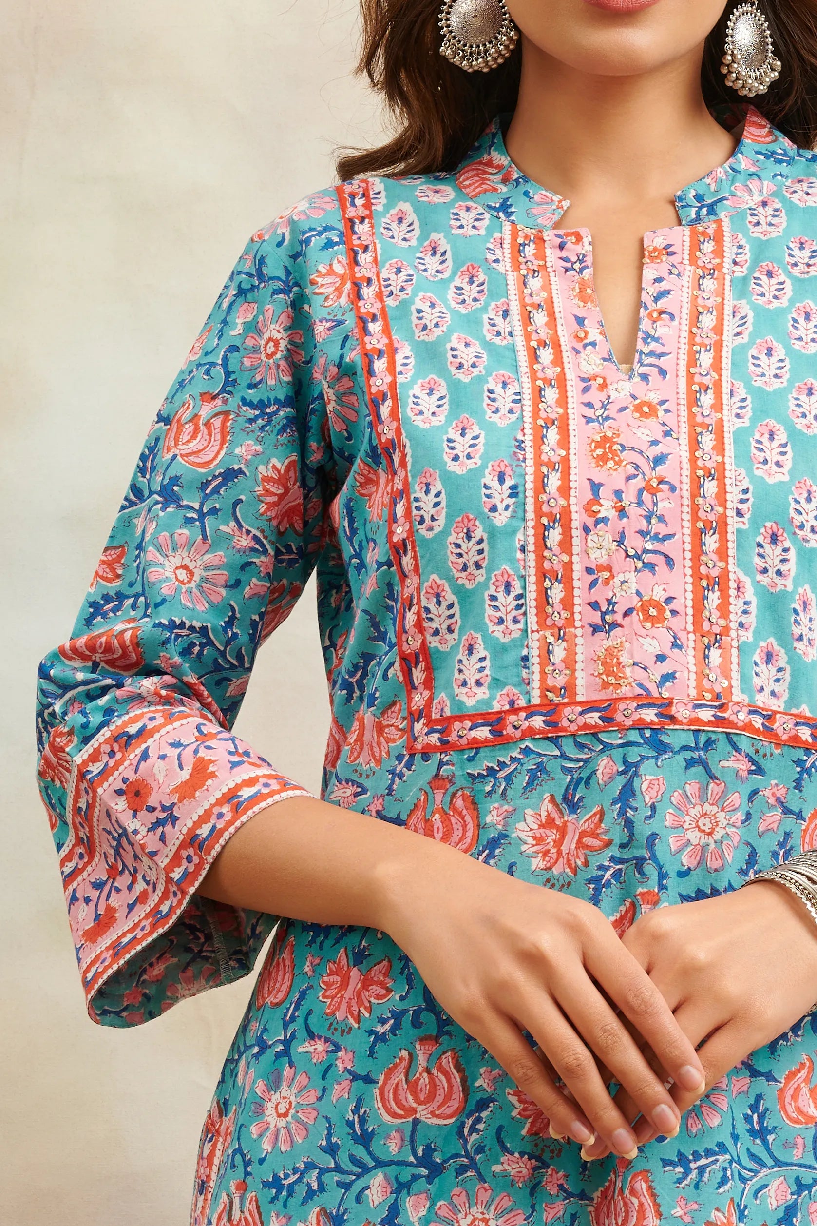 Teal Blue/Orange Sanganeri Straight Kurta