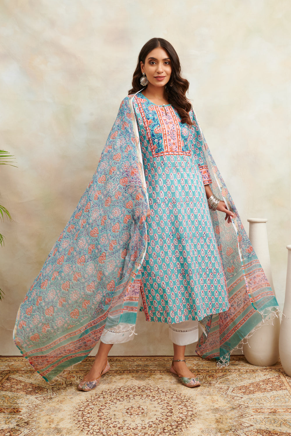 Teal Blue/Orange Kota Doria Dupatta