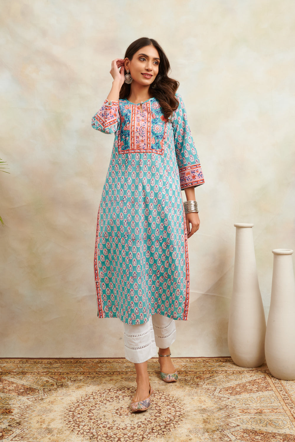 Teal Blue/Orange Sanganeri Straight Kurta