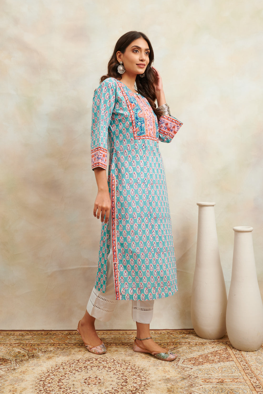 Teal Blue/Orange Sanganeri Straight Kurta